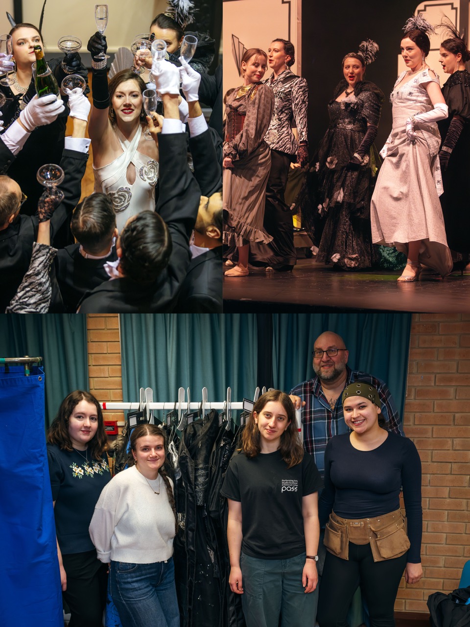 Collage of three images: Top image shows a lively theatre scene with performers in elegant costumes and audience members holding drinks. Middle image features actresses in black attire on stage. Bottom image shows four women and a man standing together in front of costumes on hangers in a dressing area.