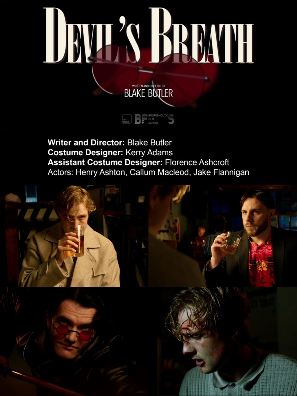 A promotional poster for the film "Devil's Breath" featuring the title at the top. Below are images of three actors: a man in a beige suit, a man in a dark shirt, and a man with tousled hair, all in dramatic lighting. Production details are listed at the bottom.