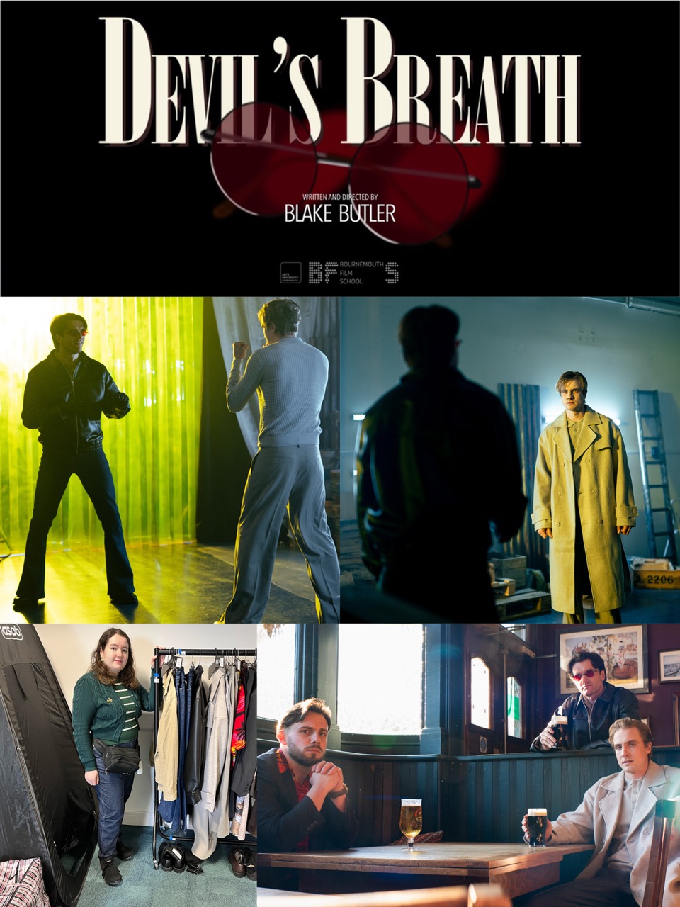 A promotional collage for the film "Devil's Breath," featuring scenes of three male characters in different settings: one in a dark room with green lighting, another in a bar with beer, and a third in a clothing store. The title is displayed at the top.