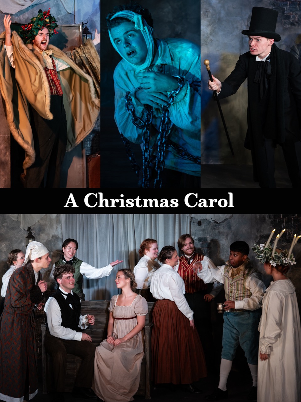 A collage showcasing scenes from the play 'A Christmas Carol.' The top features three actors in period costumes, including characters like Scrooge. The bottom depicts a group of actors in a discussion scene, dressed in historical garments, with chairs and a table.