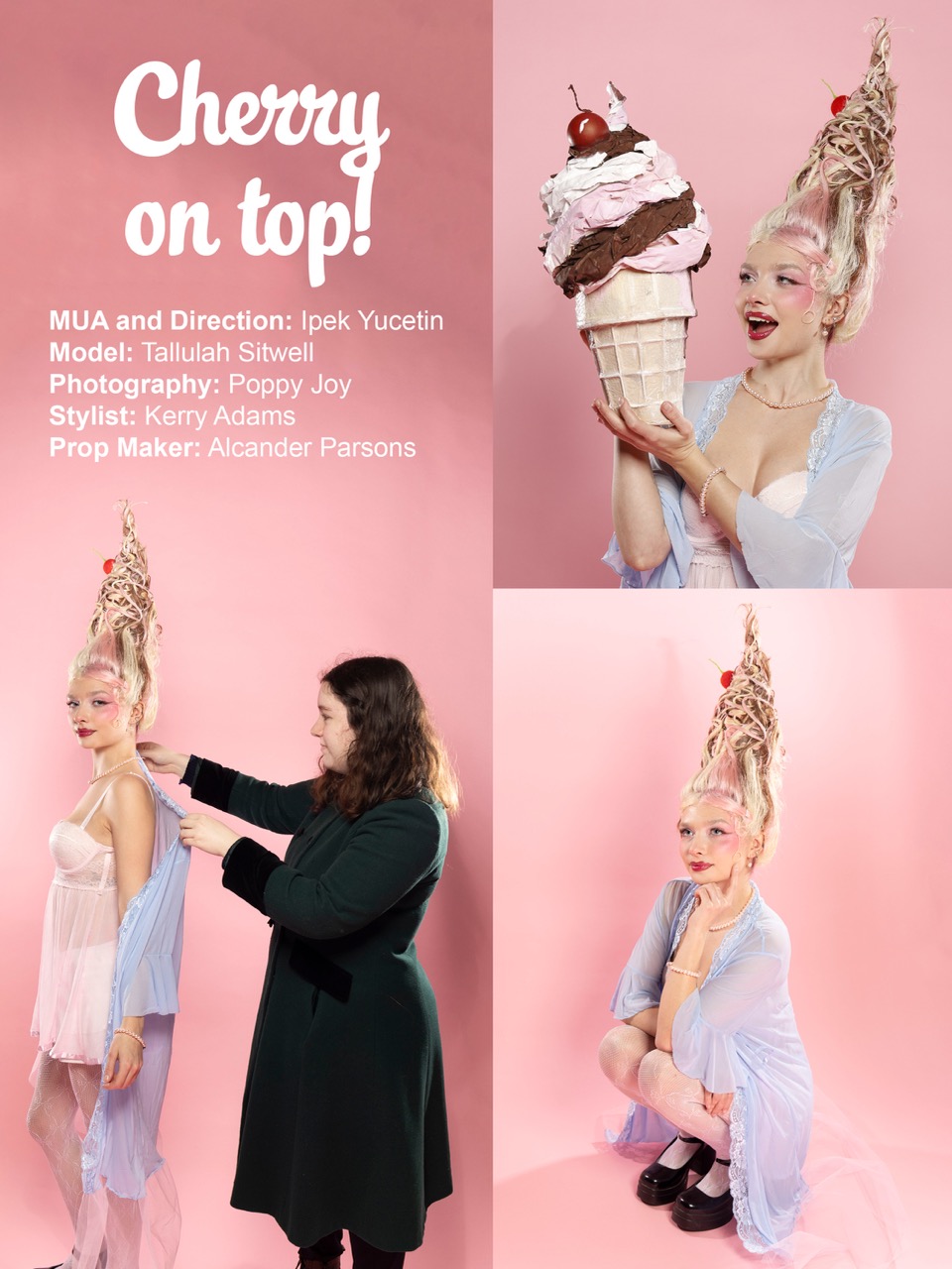 A model named Tallulah Sitwell poses in three frames against a pink background. She wears a light blue outfit, with a large ice cream cone hairstyle topped with a cherry. A stylist adjusts her hair while another image shows her smiling in profile.