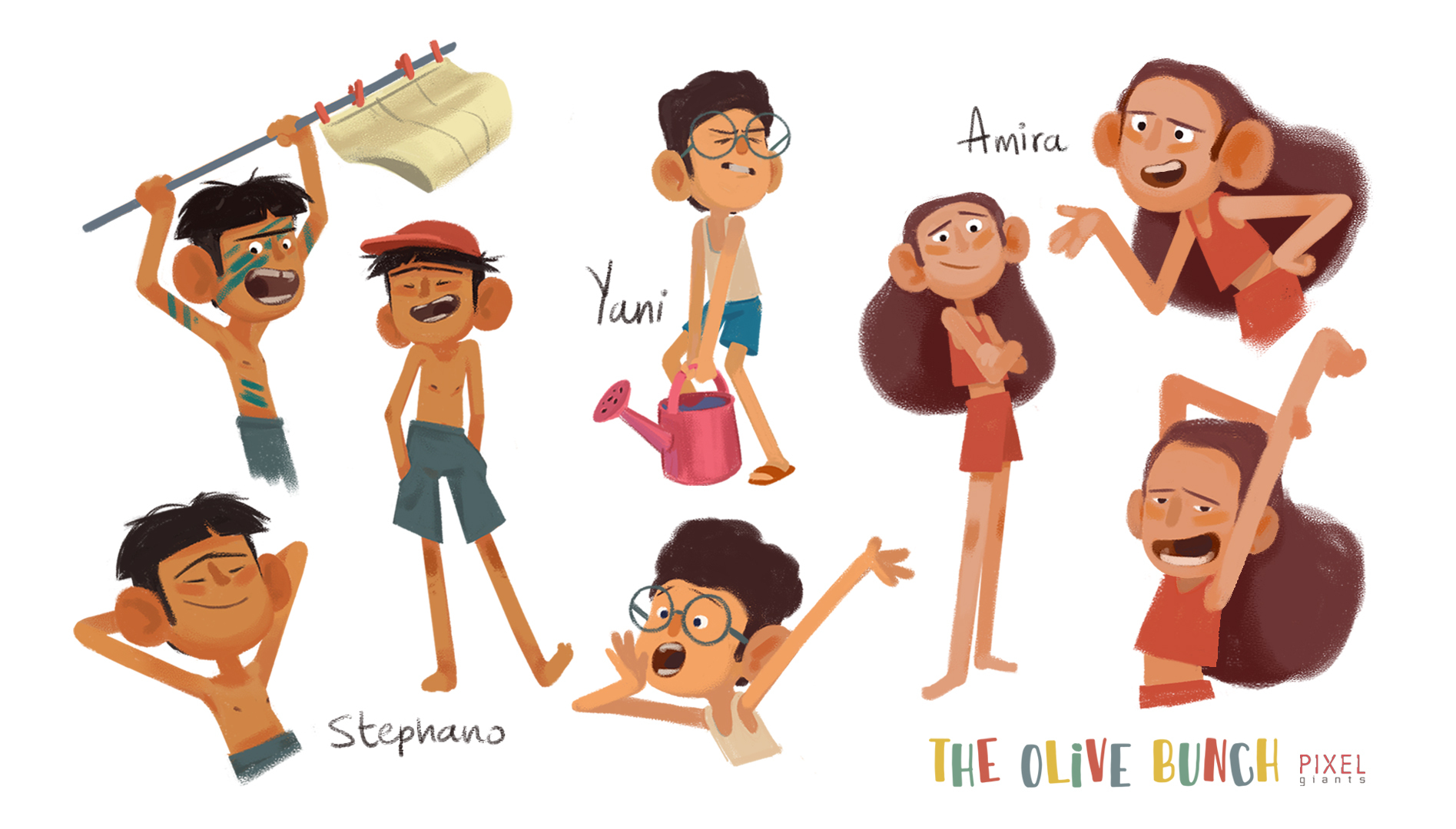 Illustrations of cartoon characters in various poses. The characters' names are Stephano, Yani and Amira. The text 'The Olive Bunch' appears in the bottom-right-hand corner.