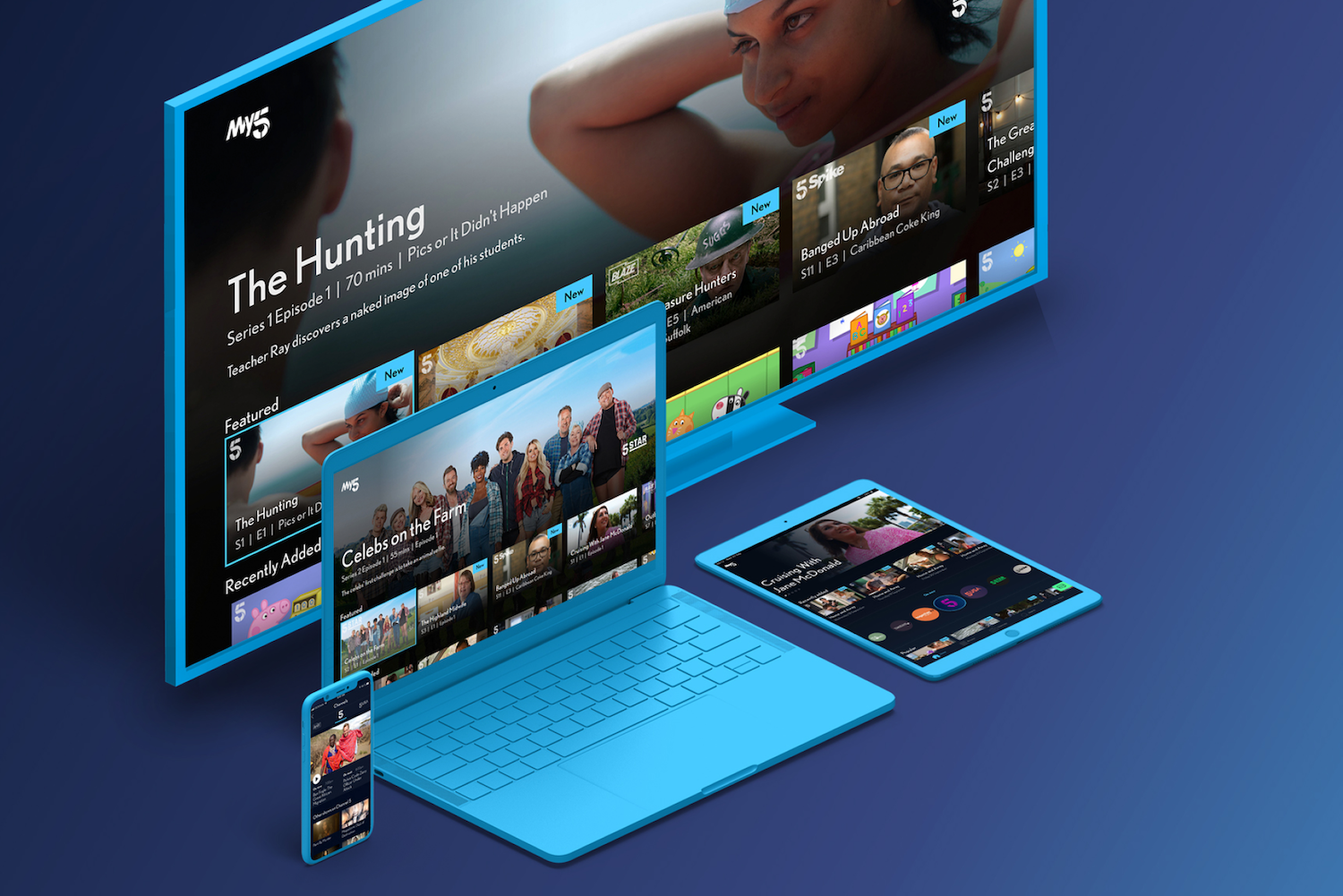 A phone, a laptop and a tablet, lie in front of a television monitor. All devices are showing screens of programmes on the My5 streaming service.