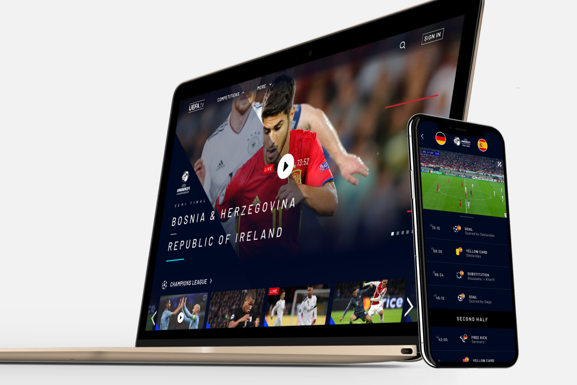 An open laptop with a phone propped up against it. Both devices' screens show UEFA football programmes.