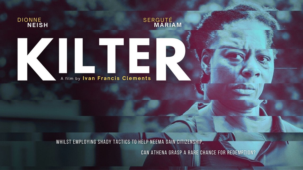 A film poster for 'Kilter' showing a woman in the foreground against a dark, blurred background, with the title and cast names in large text.