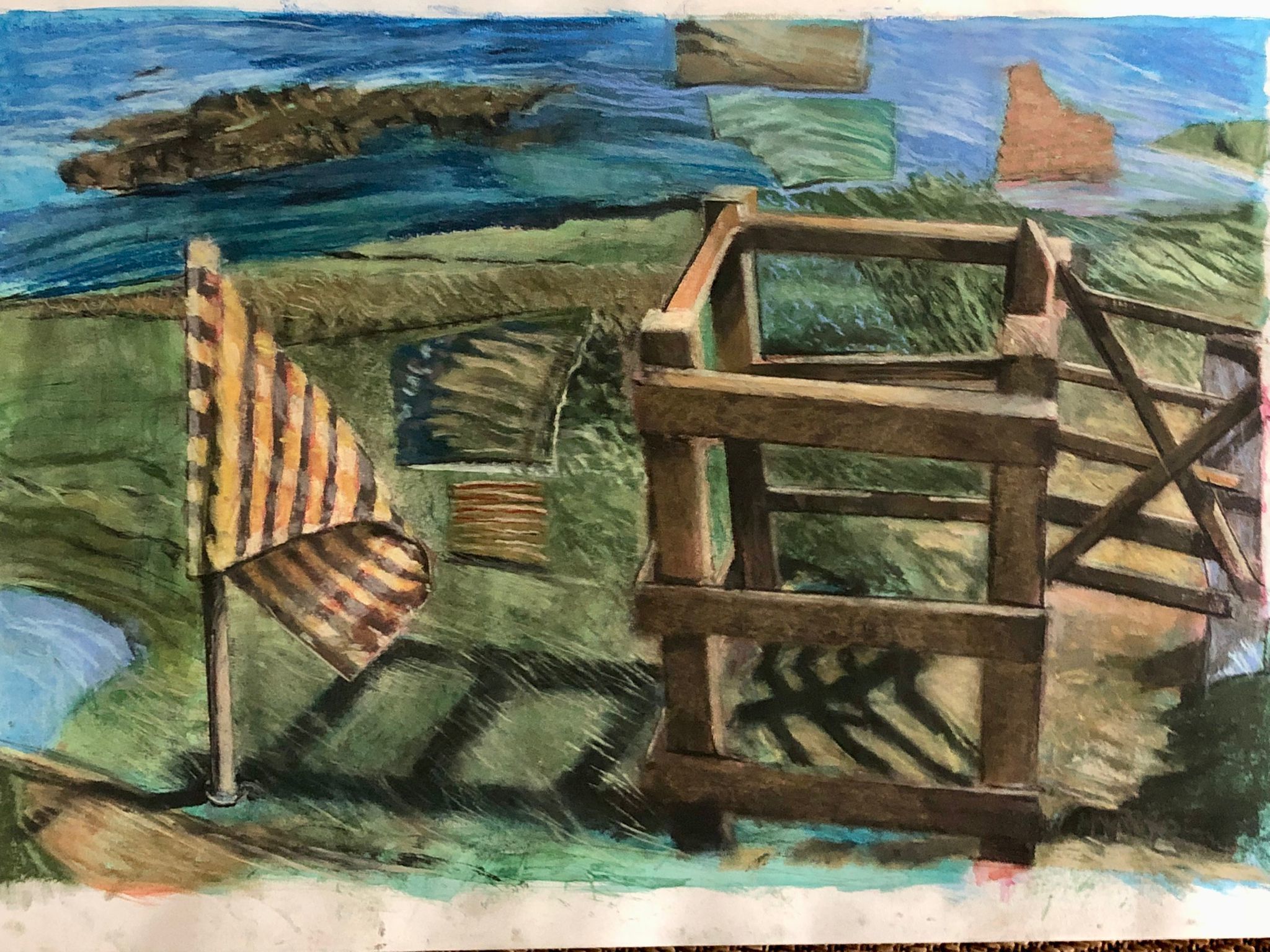 Painting of a wooden gate situated on a grassy coastal path, with a blue and white striped flag next to it.