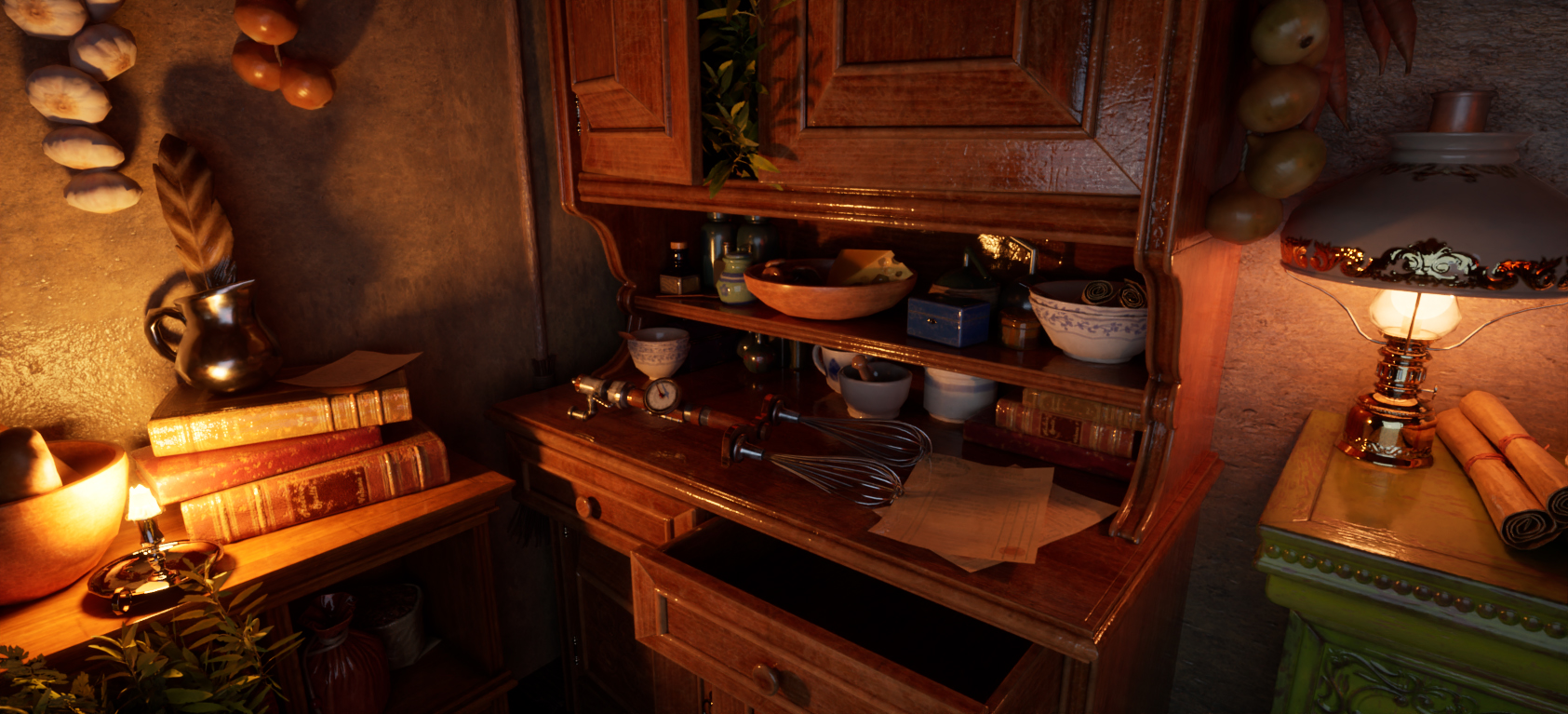 A wooden writing desk with an open compartment displaying various bowls and utensils. To the left, there are books stacked on the surface, and a lamp emits a warm glow next to a plant. The walls are adorned with hanging kitchen items.