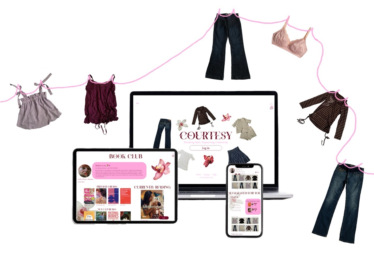 Laptop, tablet, and smartphone displaying fashion websites surrounded by clothing items hanging on pink string against white background.
