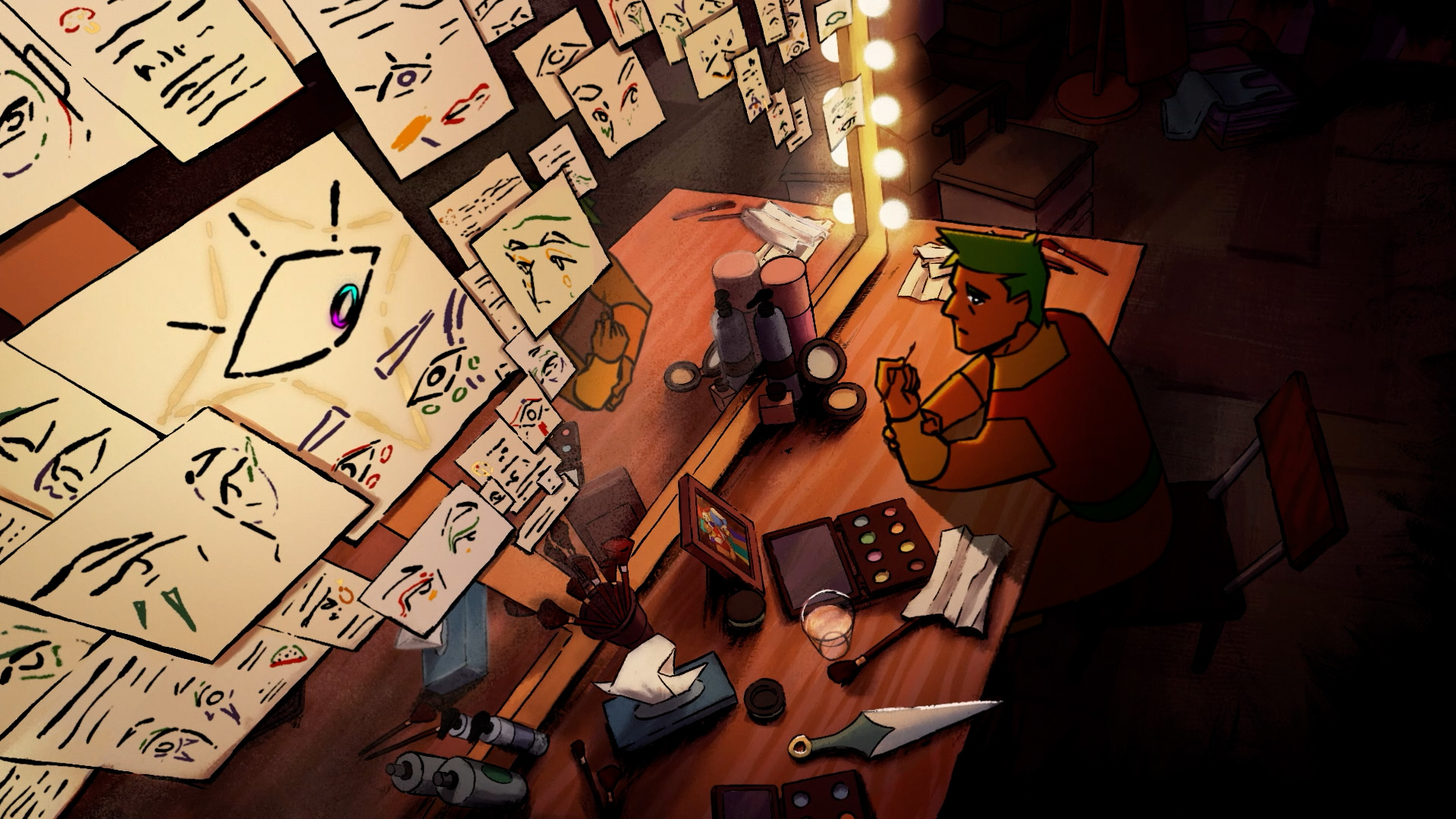 Animation still of a character in a dressing room looking up at drawn paper.