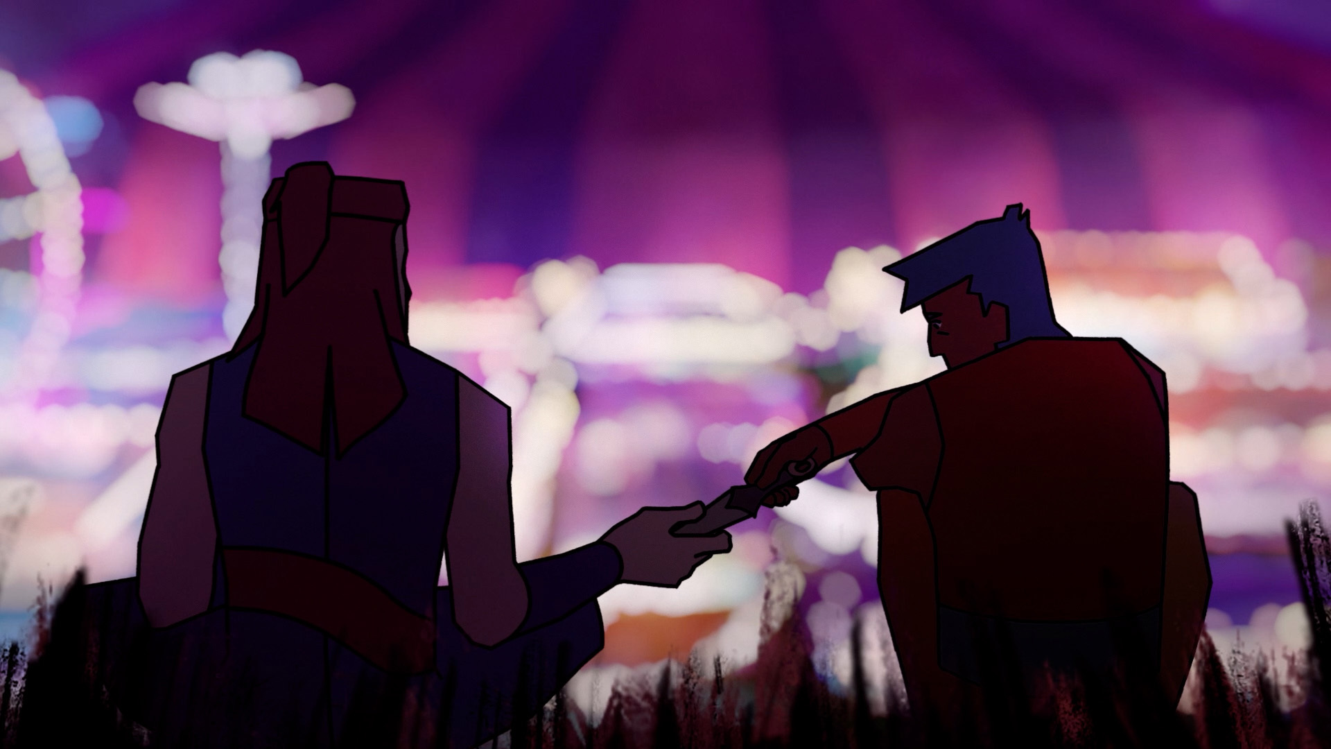 Animation still of two character silhouettes in front of a blurred purple circus at night.