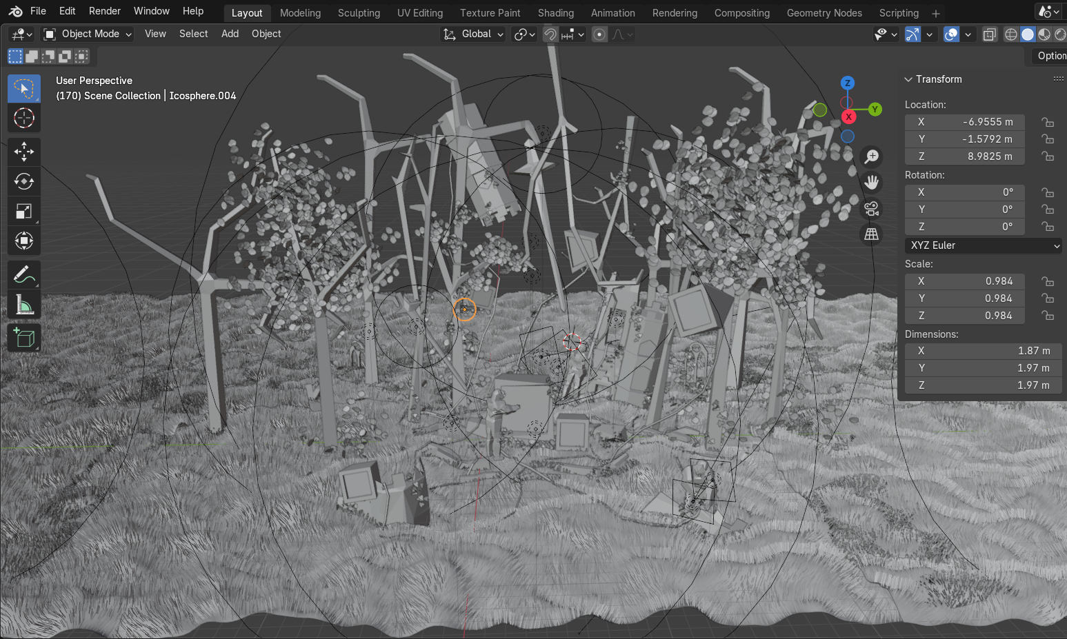 Screenshot of Blender interface showing a greyed out 3D game woodland environment with various floating objects.