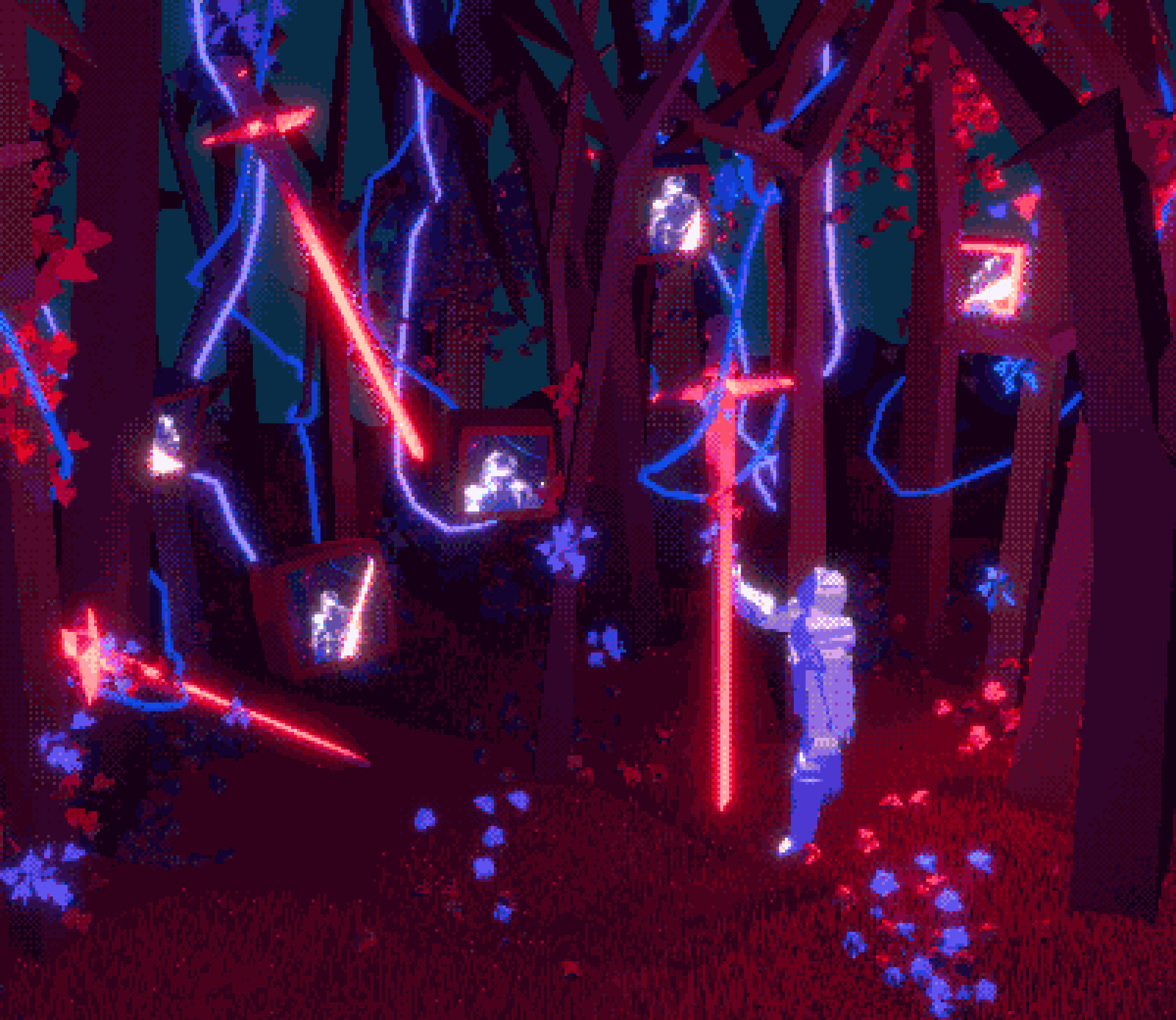 Colourful woodland scene in a pixellated art style, with a knight character touching a red glowing sword.