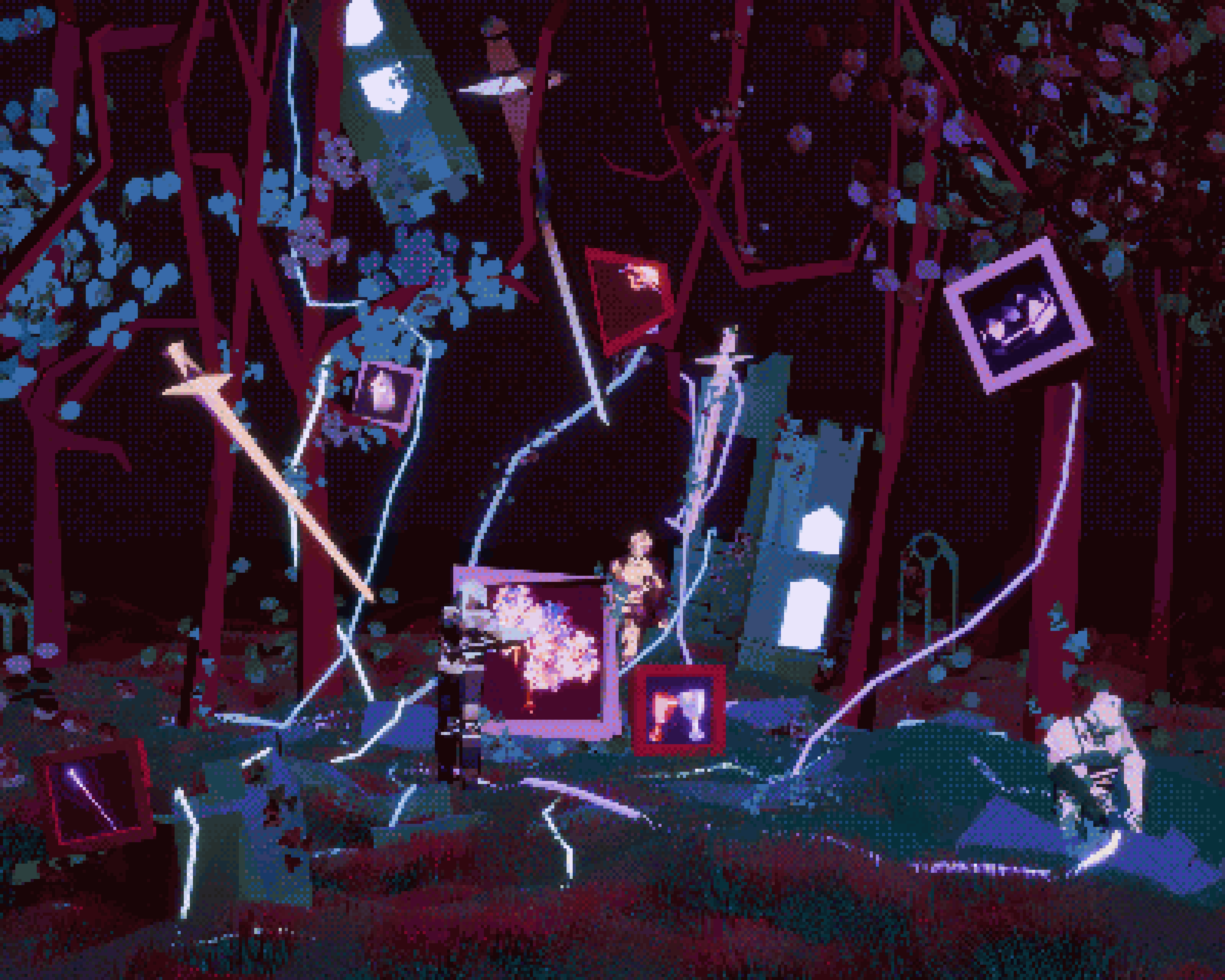 Colourful woodland scene in a pixellated 3D style, with ruins, framed objects and swords floating around, and a knight kneeling in the right-hand corner.