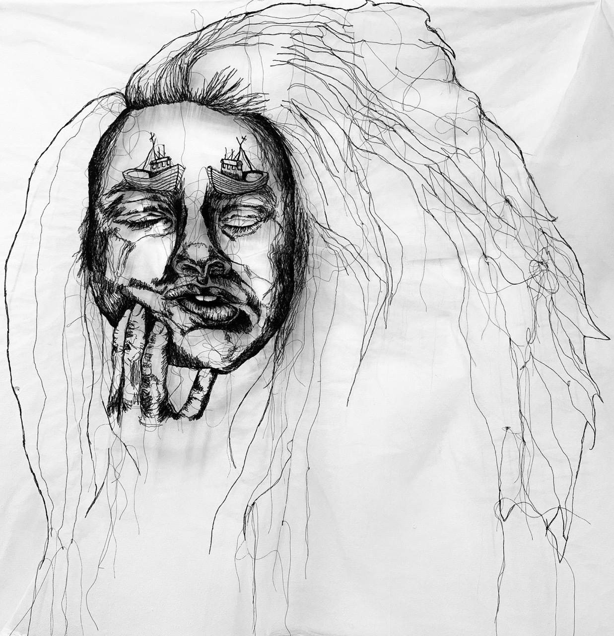 Black ink sketch of face with long flowing hair, hand positioned near mouth, loose linear strokes on white background.