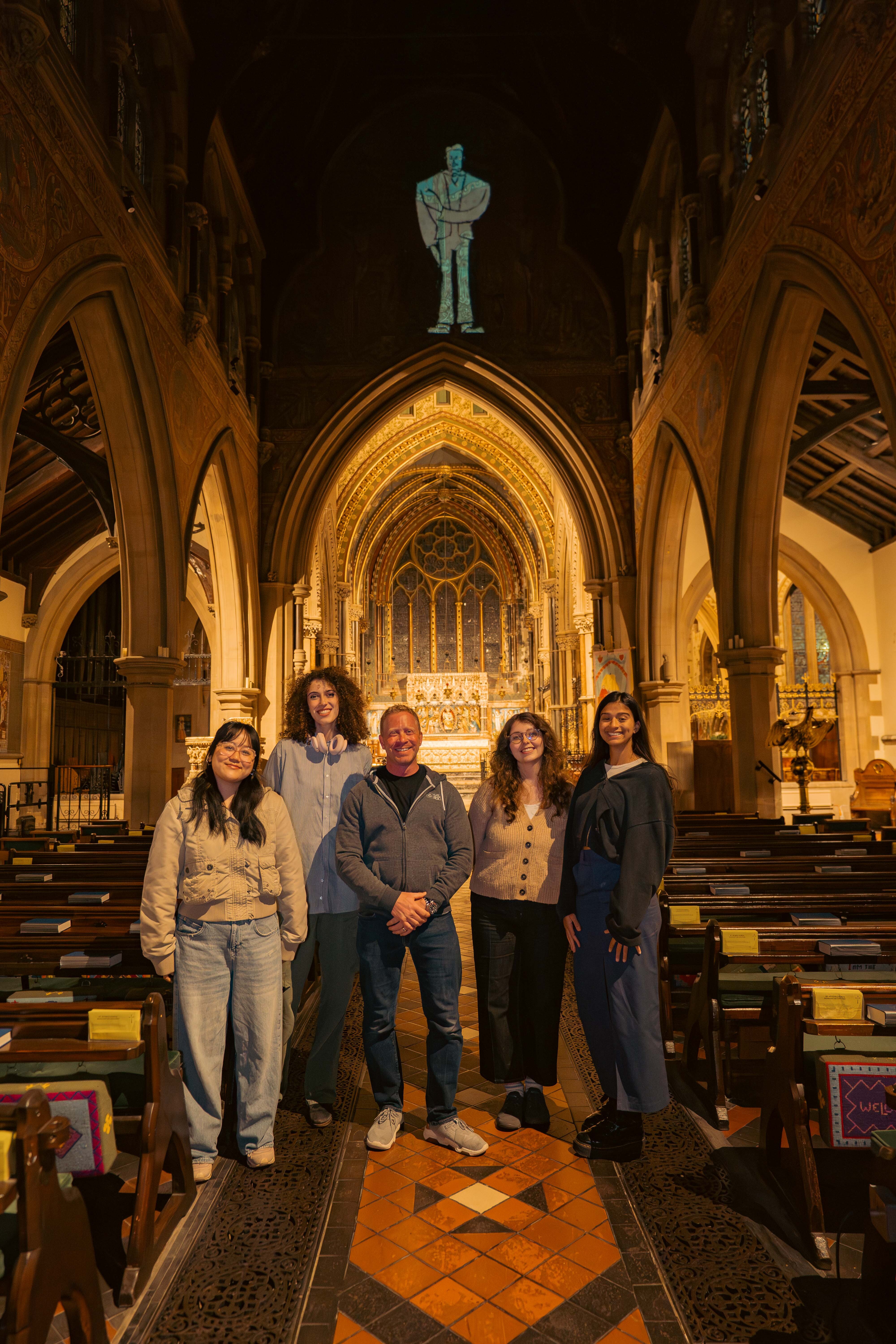 From left to right: Suzani Rai, Emma Daniel Silvosa, Julian Dorrell, Bryony Smith and Dominique Vettom Morisod, stood in St Peter's Church.