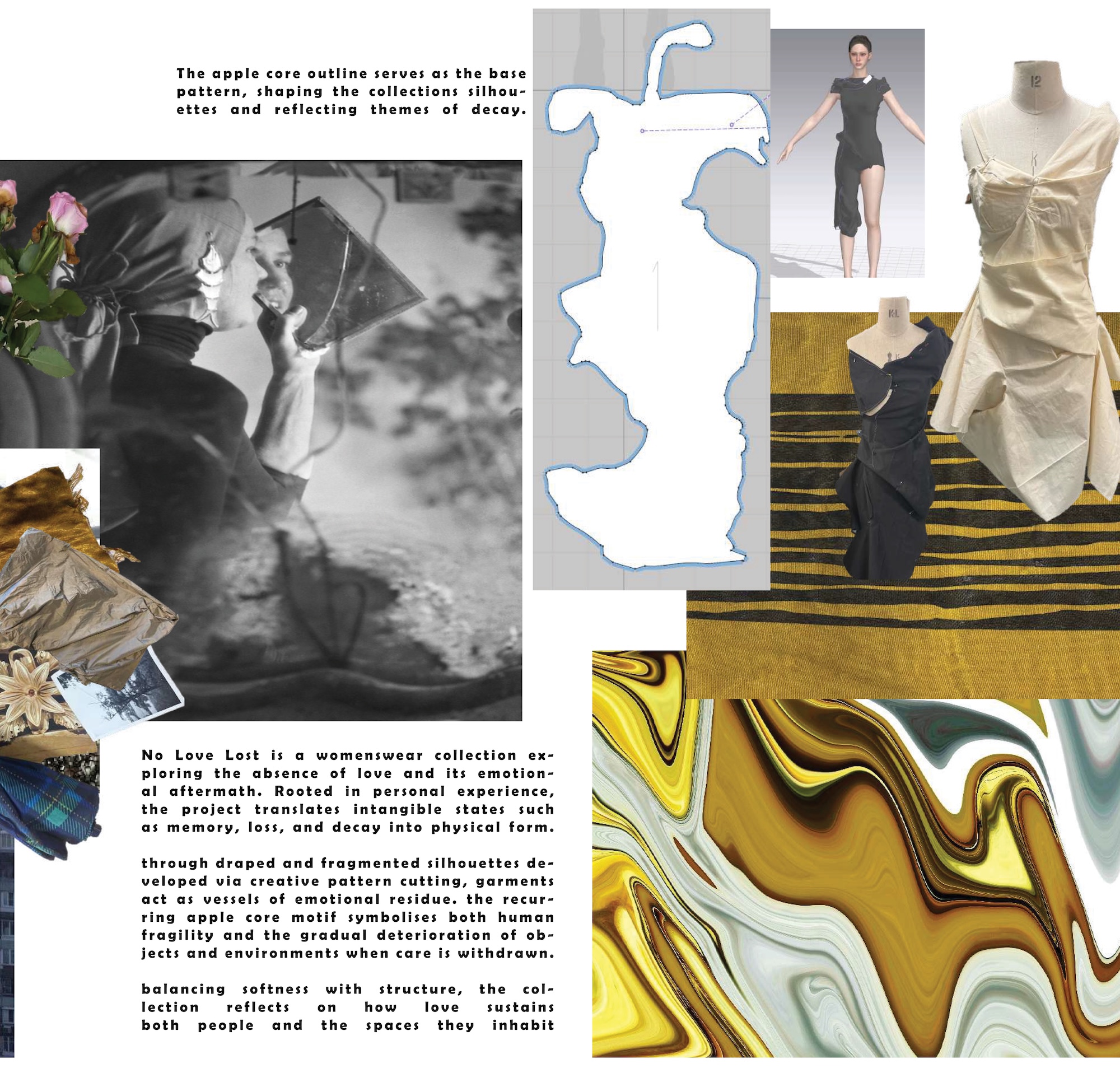 A fashion mood board featuring black-and-white runway photos, dress sketches, fabric swatches and a twisted cream garment arranged in a collage, with text blocks and marbled colour panels.