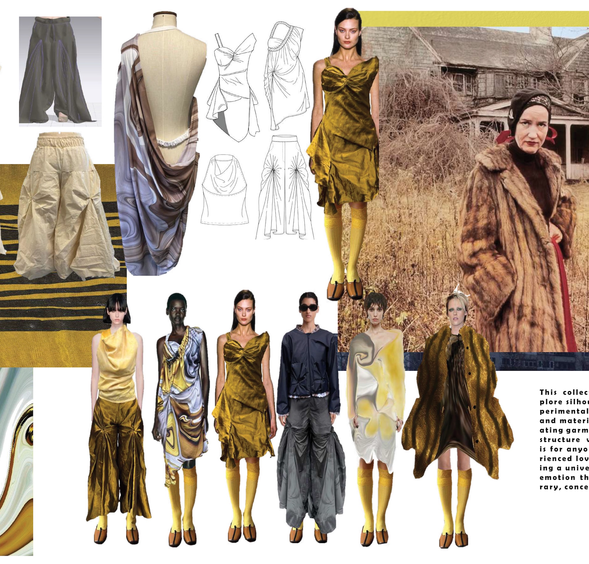 A fashion mood board features draped gold and grey garments, sketch illustrations, and runway models, alongside a vintage photograph of a woman in a fur coat outdoors.