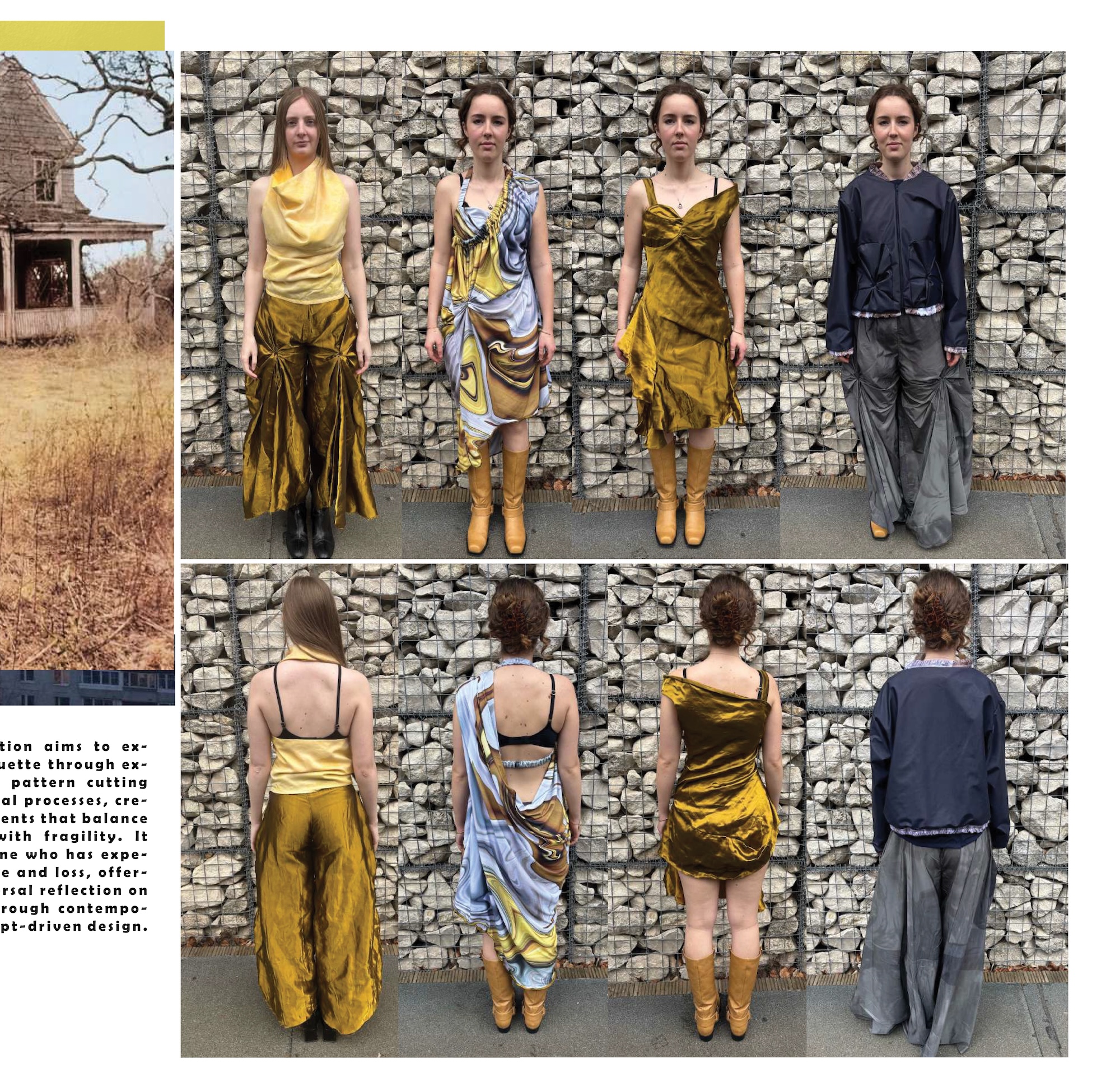 A collage shows four women modelling draped outfits in gold, blue and grey tones, with front and back views against a stone wall.