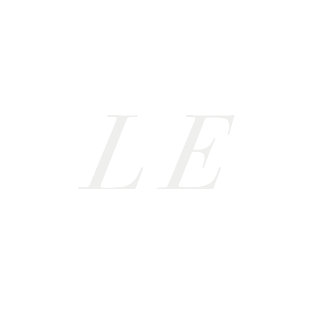 Large grey letters "L" and "E" on white background, serif font, positioned side by side in centre of square format.