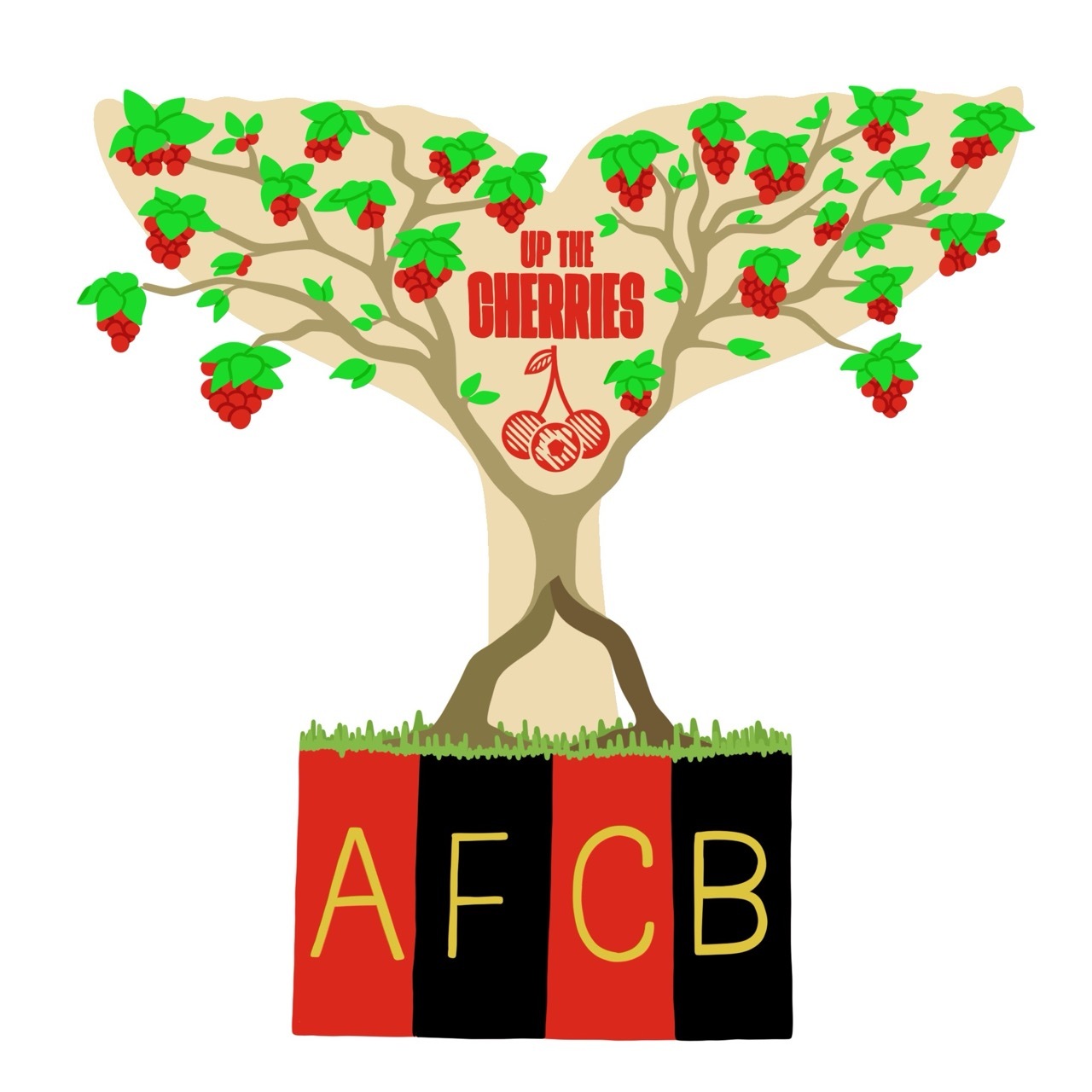 AFCB illustration with a human-like figure as a tree holding up branches with leaves and cherries, red text reads 'up the cherries'