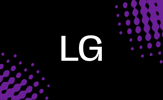 Black and purple banner with the white text "LG" in the centre.