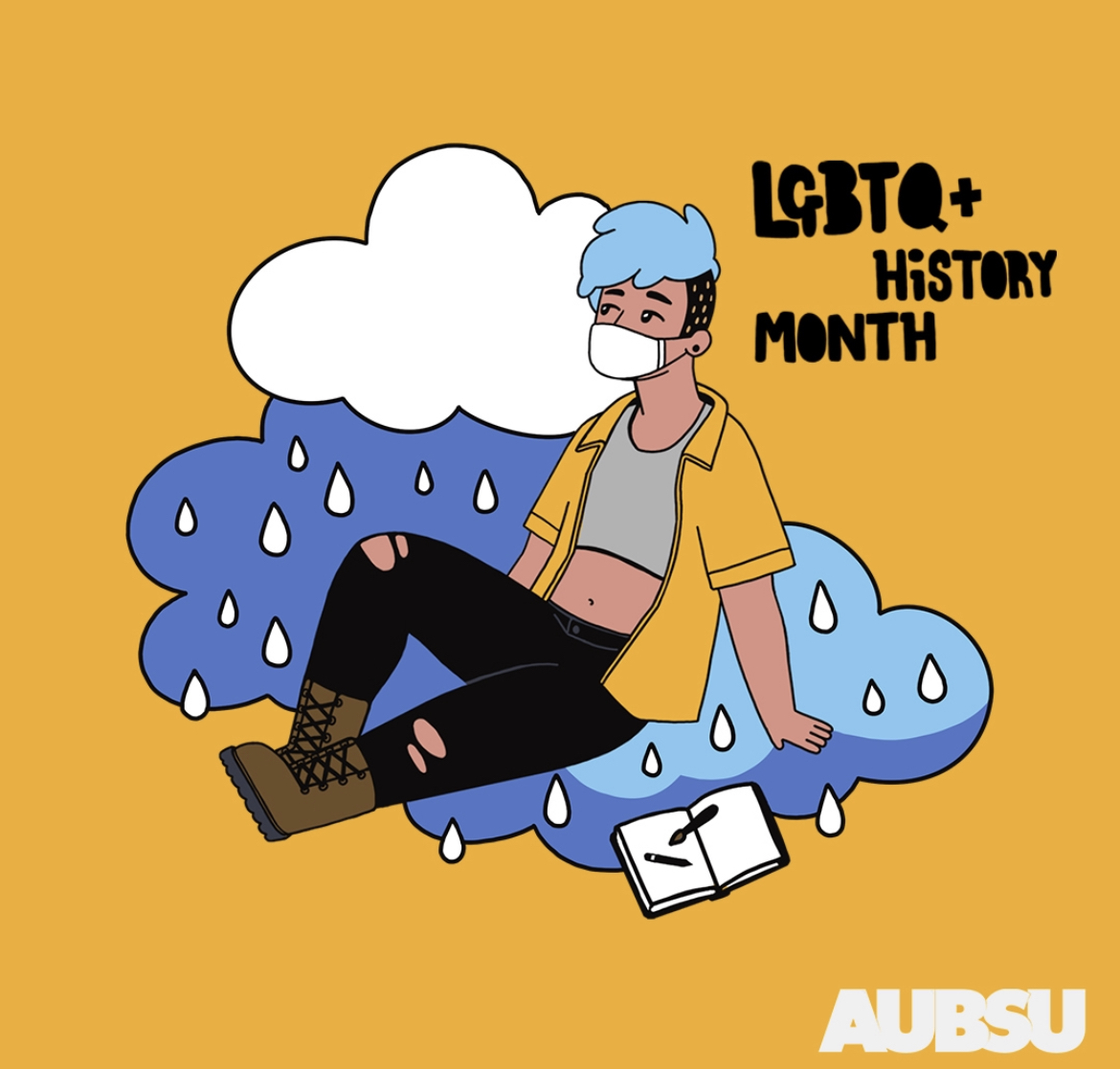 An illustration of a person seated wearing a face mask. A rain cloud and rain drops are behind them.