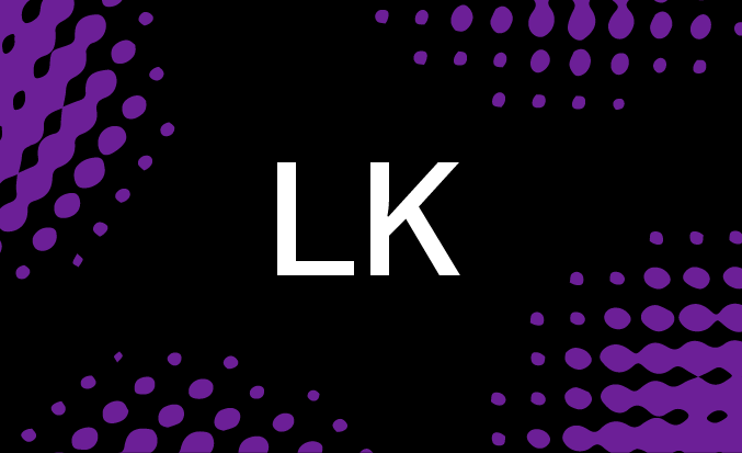 Black tile with purple pixellated accents and the initials LK in the centre.