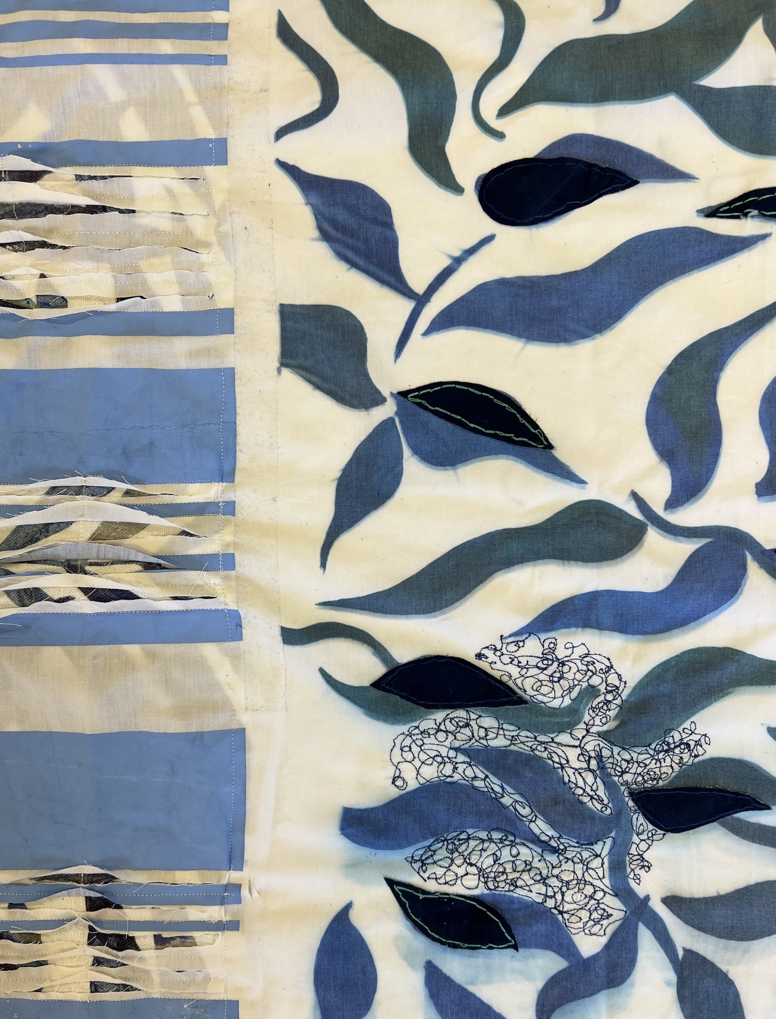 Abstract artwork featuring flowing blue and green leaf-like shapes on cream background with geometric striped pattern on left side.