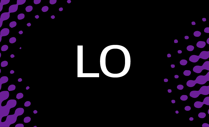 Black tile with purple pixellated accents and the initials LO in the centre.