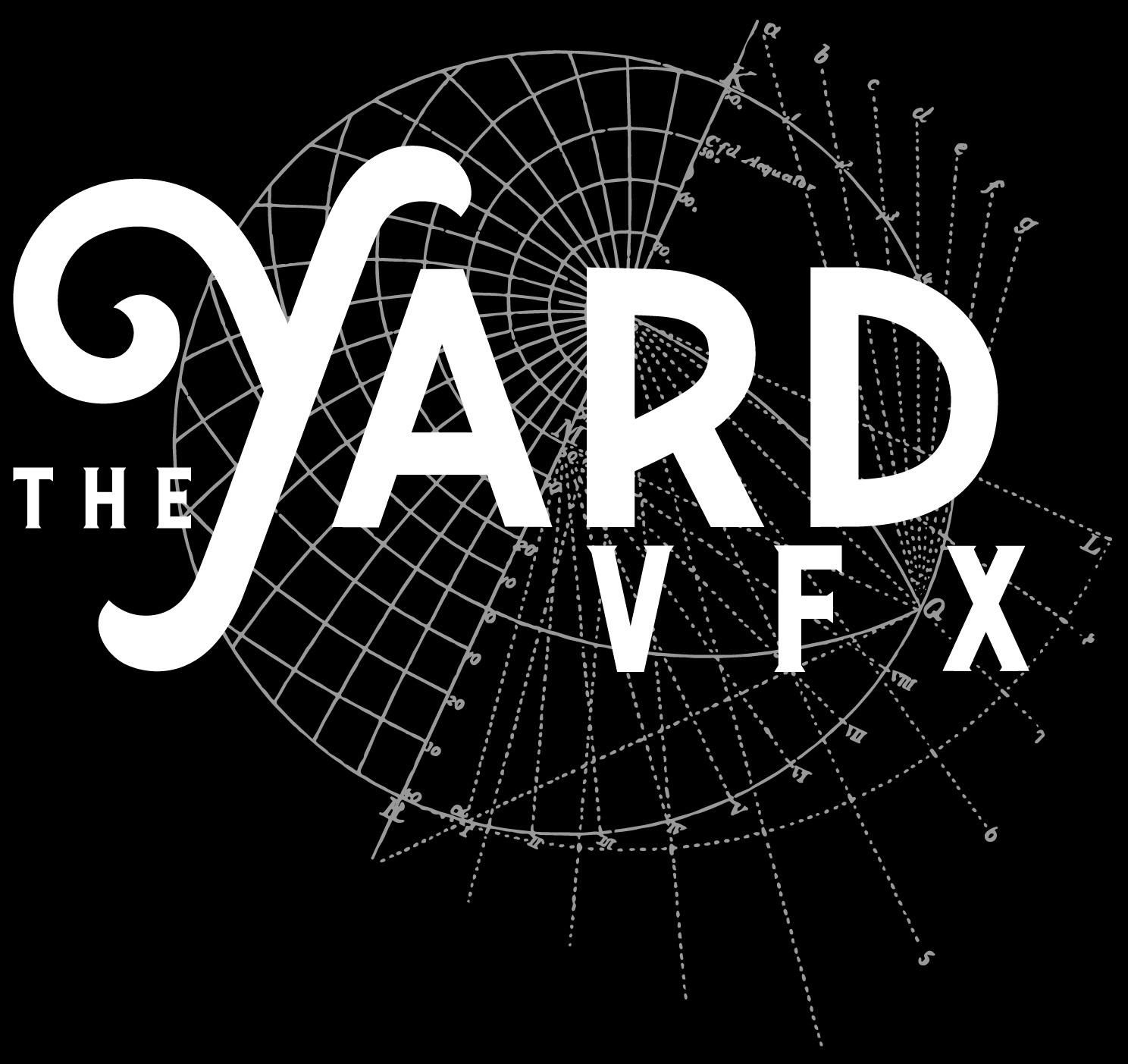 White text "THE YARD VFX" overlaid on black background with white wireframe geometric pattern featuring radiating lines and grid structure.