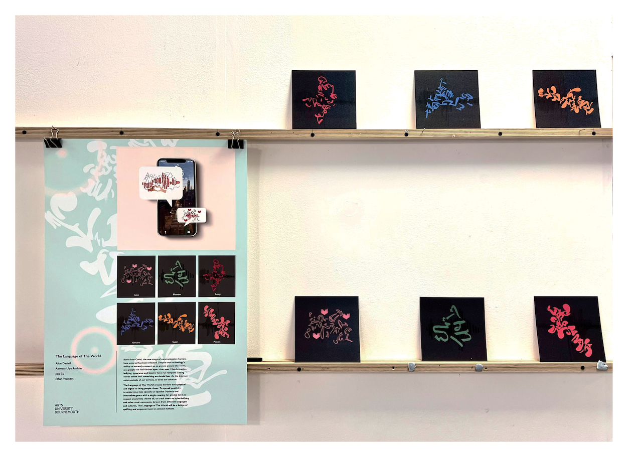 A poster with several abstract images hanging over two shelves. Six black tiles with different coloured abstract text on each displayed on each shelf.