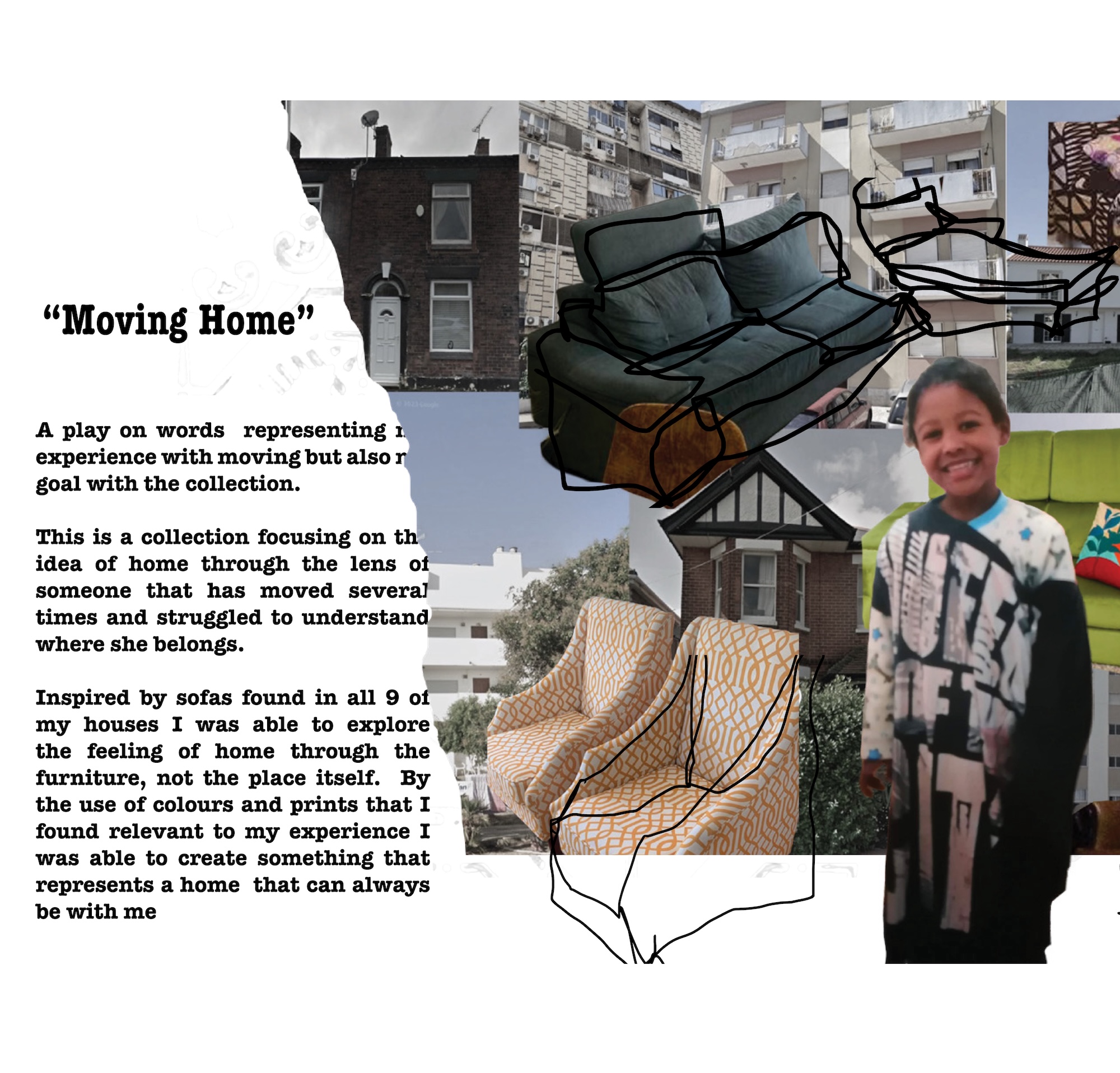 A collage titled “Moving Home” shows sofas, house facades and a smiling child standing at the right, with explanatory text on the left.