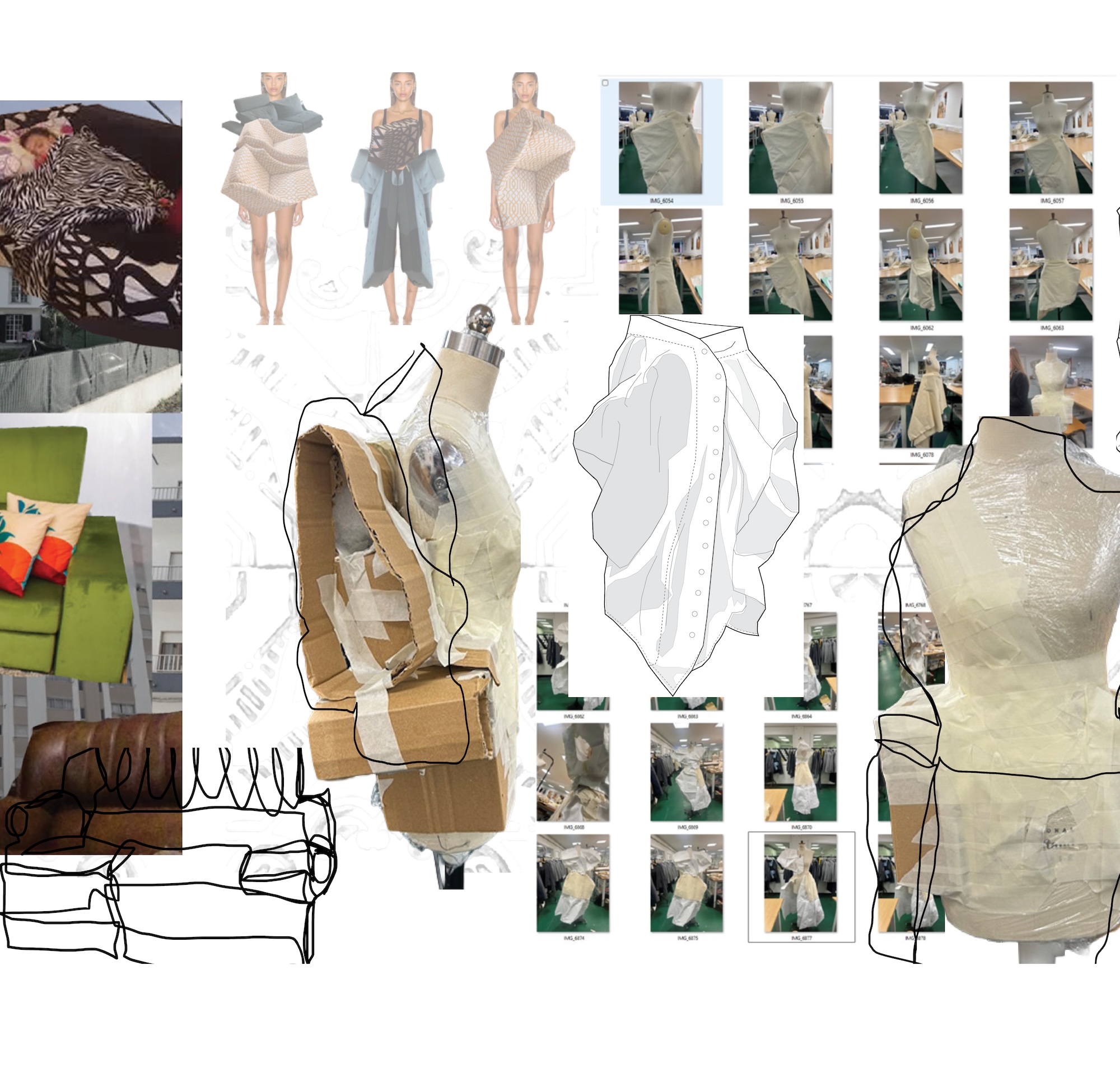 A fashion collage showing garment sketches, fabric mock-ups and small runway reference photos arranged on a white board.