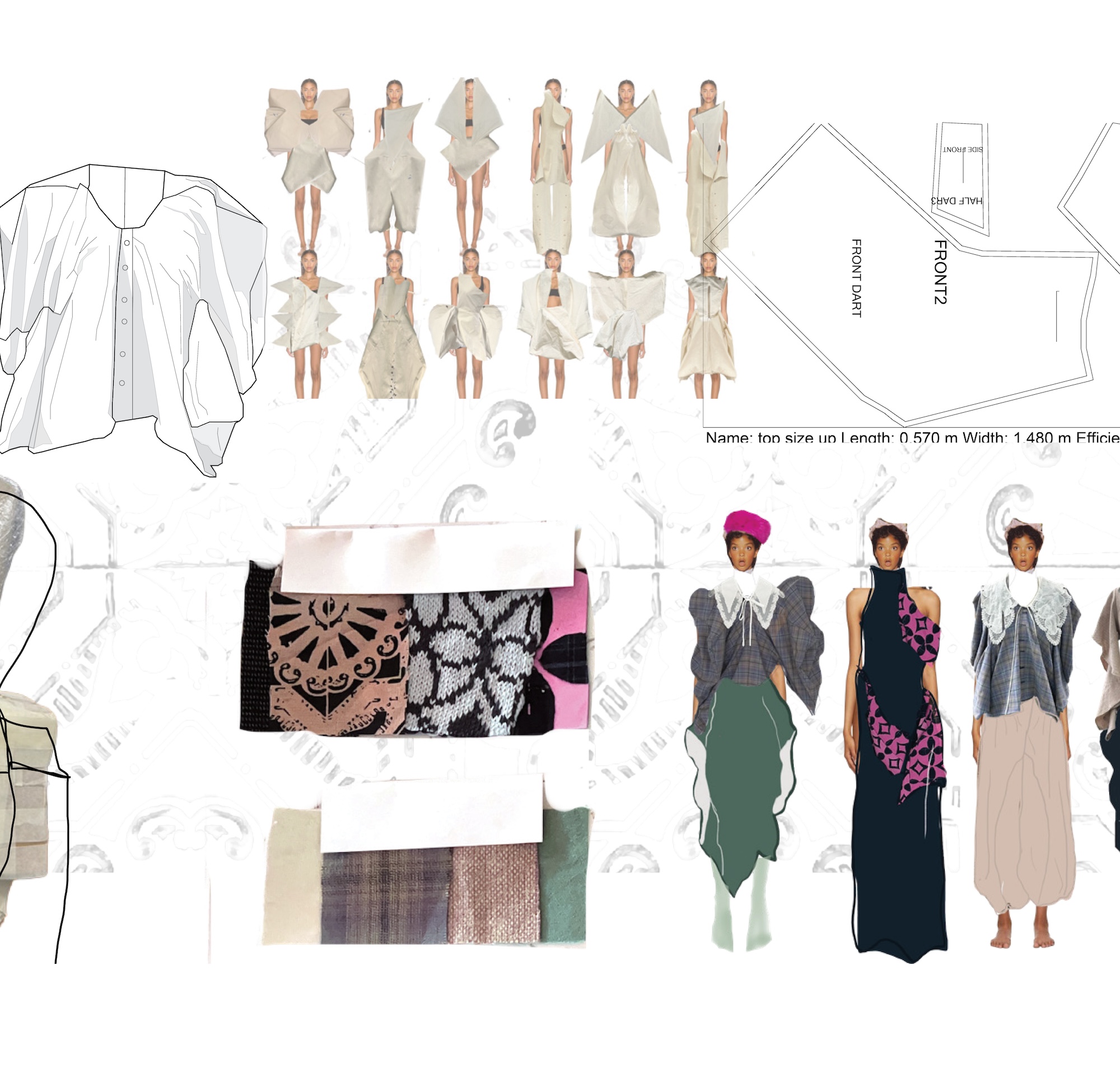 Fashion design board showing garment sketches, fabric swatches and front and back pattern outlines for a white dress collection.
