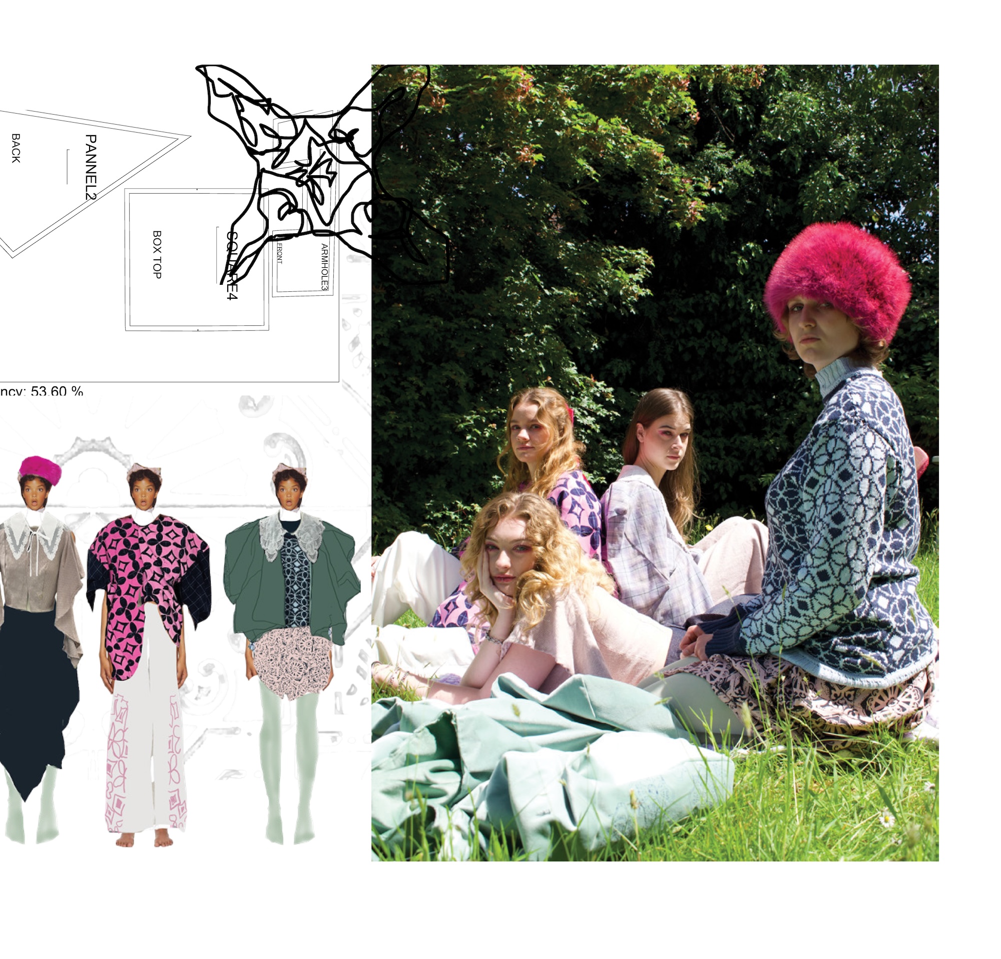 Four models sit on grass outdoors beside a fashion design board showing garment sketches and outfit mock-ups.