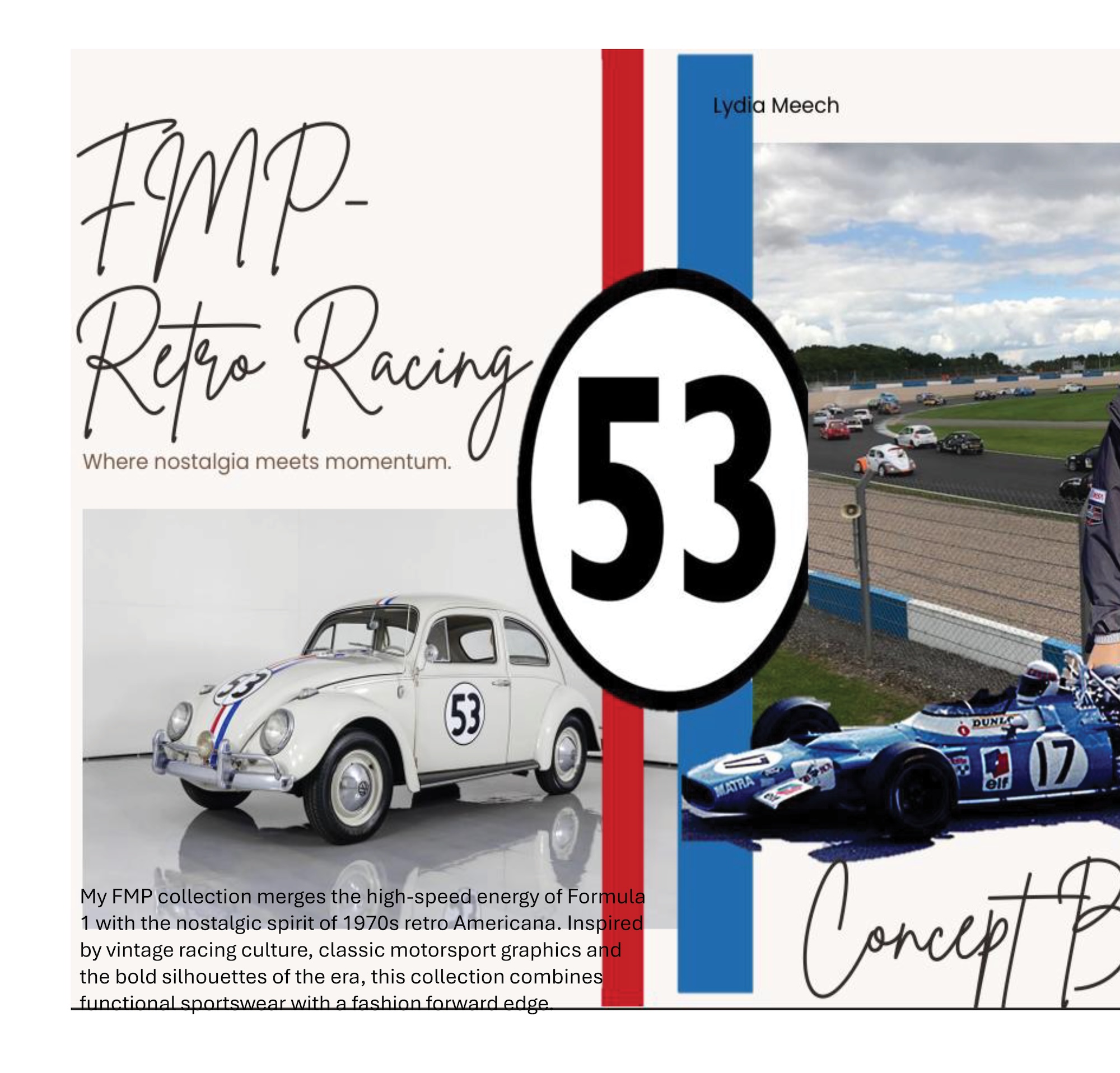 A retro racing collage with the number 53 in a large oval, shown beside a white vintage car and a blue Formula One car on a track, with the title 'FMP-Retro Racing' and smaller caption text.