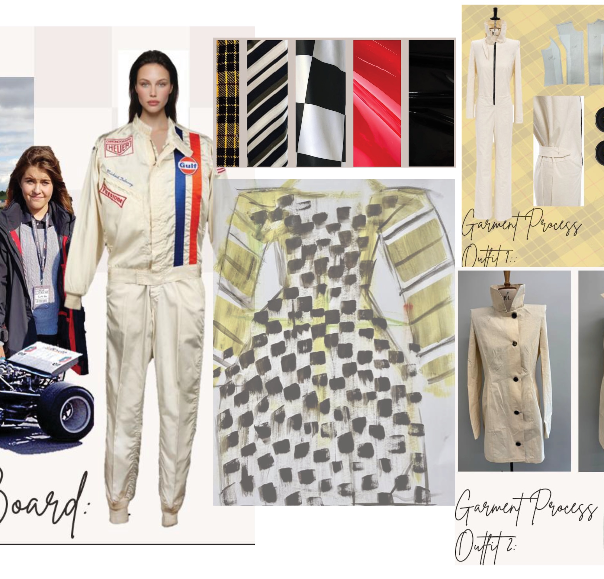 A fashion mood board showing a cream racing-style jumpsuit, fabric swatches and garment sketches, with smaller photos of a tailored outfit and a person beside a racing car.