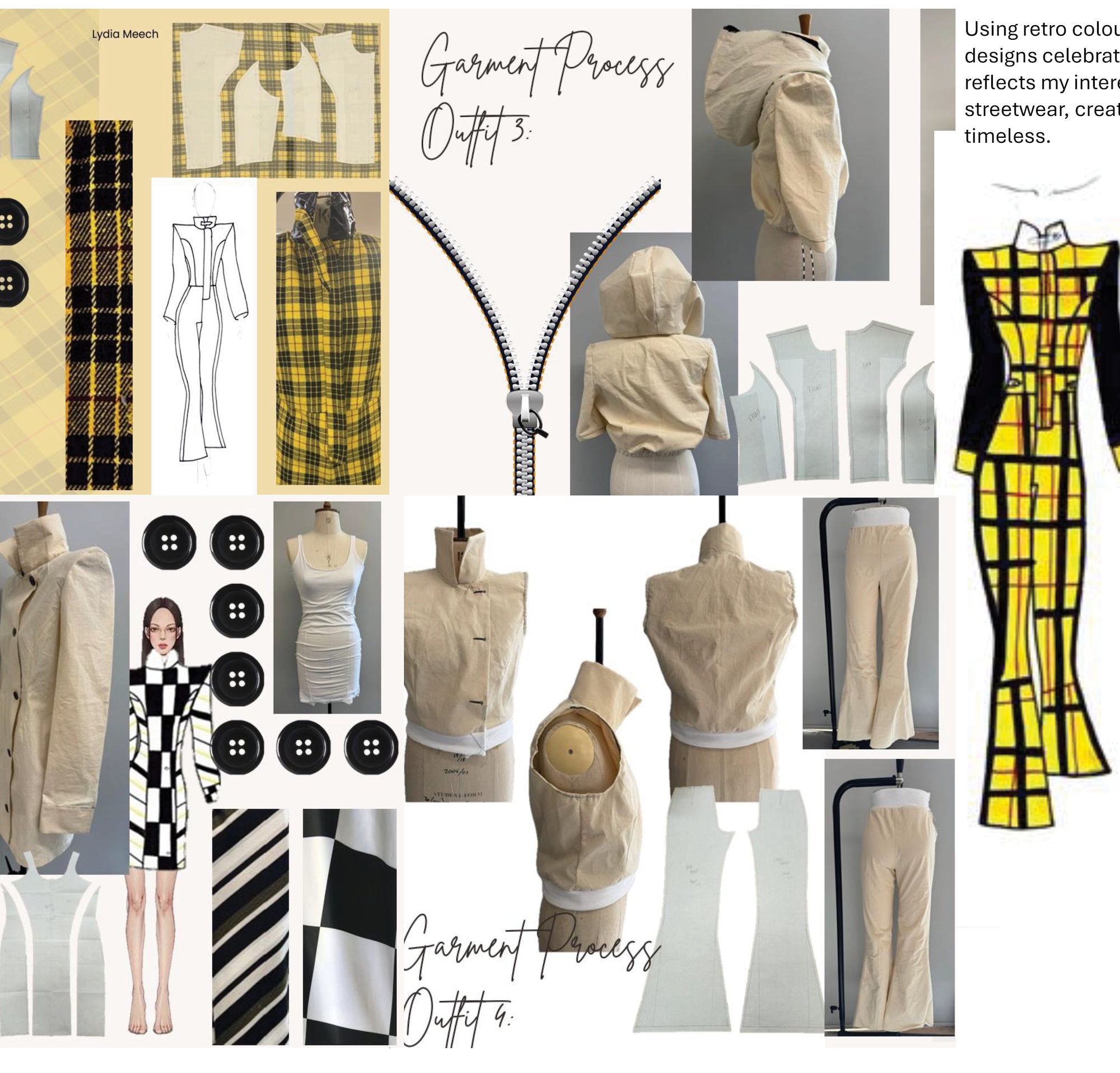 A garment design mood board shows sketches, fabric swatches, button details and mannequin images for retro-inspired outfits, with a yellow-and-black check dress on the right.