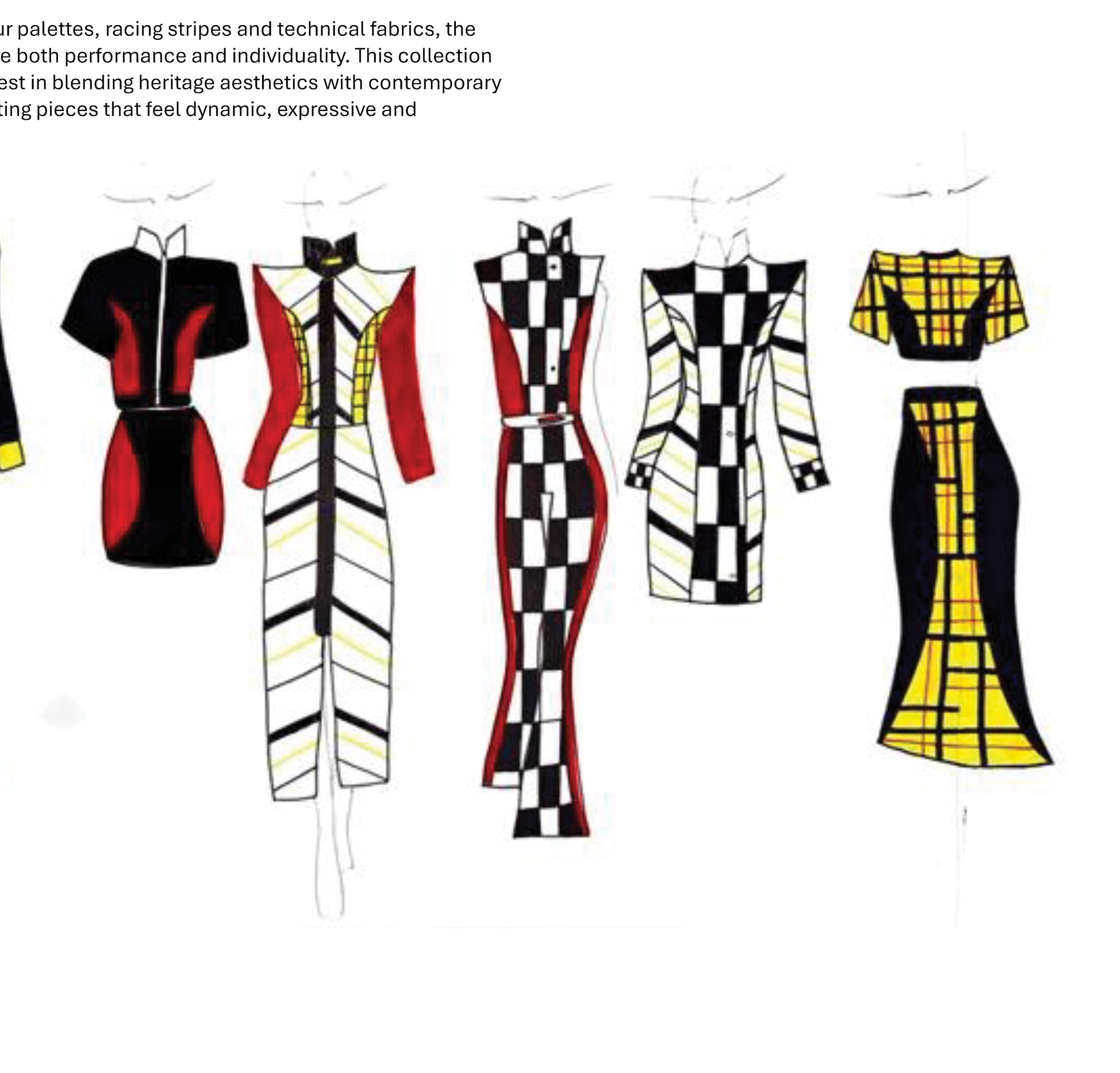 Five fashion sketches of women’s dresses and jumpsuits in black, white and red geometric patterns on a white background, with small text at the top.