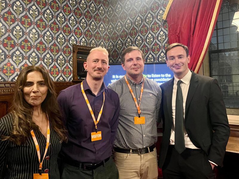 M Patrick, Dr J Rainford, Dr A. Blower, T Hayes MP posing for a photo at a launch event at Parliament
