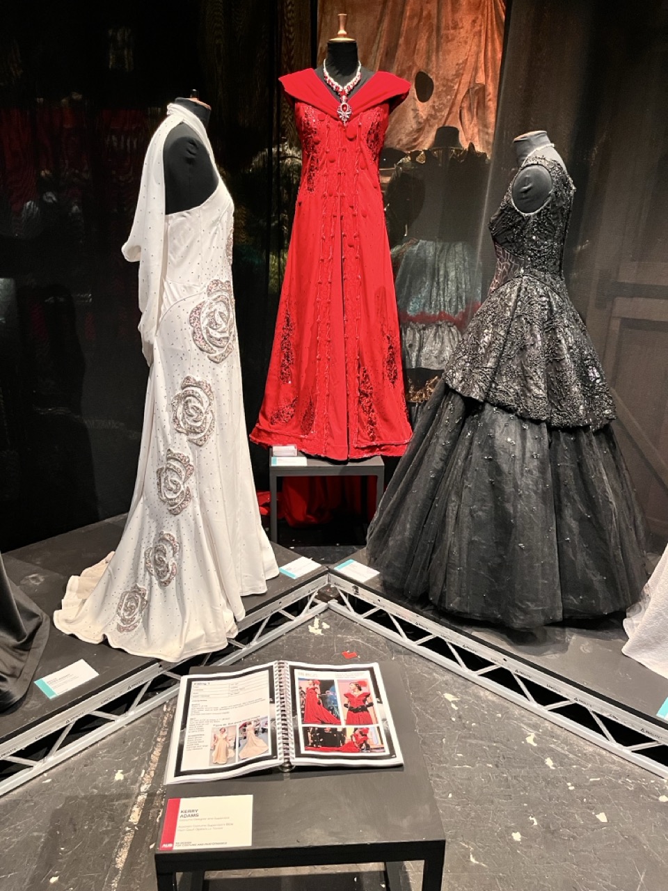 Three elegant dresses displayed on mannequins within a showcase. On the left, a white gown with floral embroidery; in the centre, a striking red dress with a decorative neckline; on the right, a black sequined gown with a full skirt. A brochure sits on a table in front.