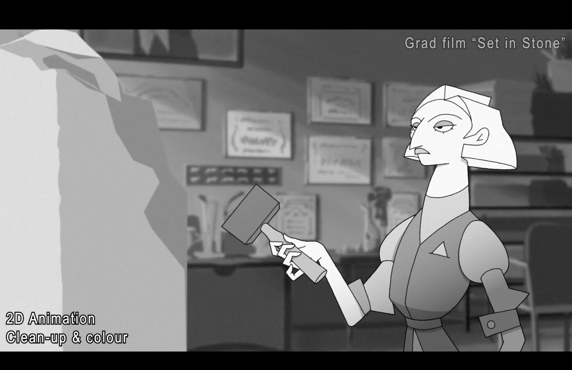 Animated still showing a sculptor approaching a piece of stone with a hammer.