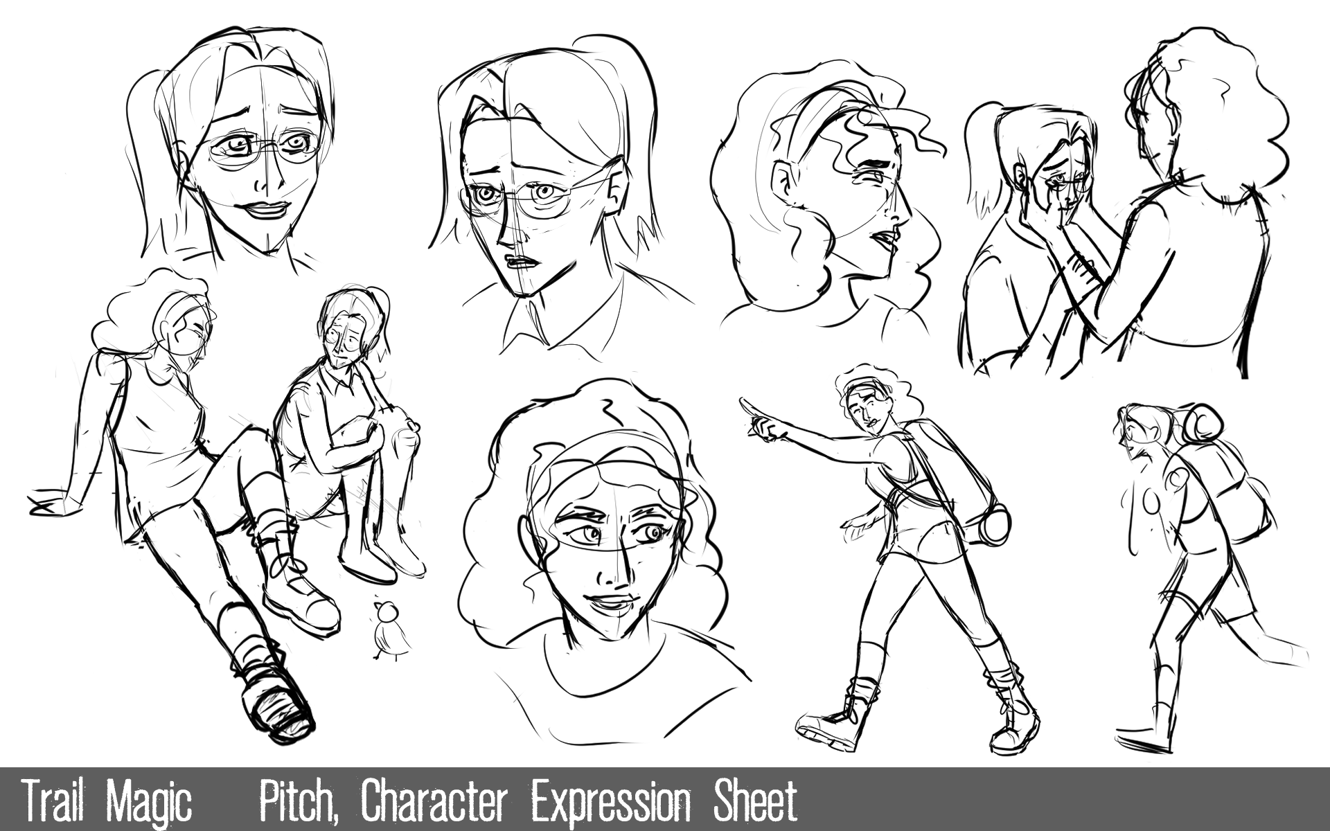 Several line drawings of an animated character from "Trail Magic" showing different expressions and poses.