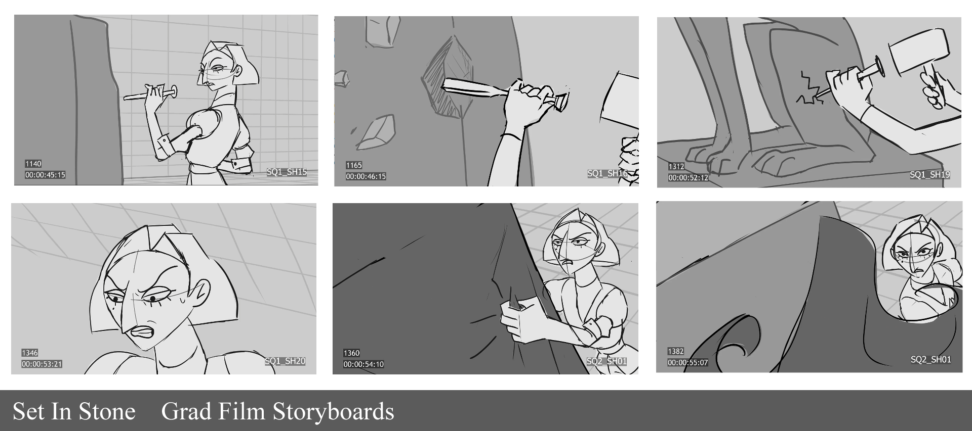 Grid of six storyboard frames, showing a sculptor with an angry expression approaching and chipping away at a piece of stone.