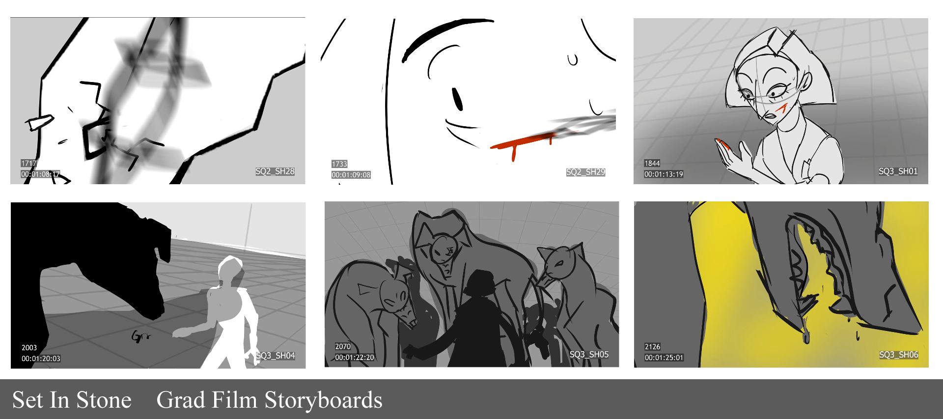 Grid of six storyboard frames, showing close-ups of a character's face as they cut their face. They are then approached by dog-like creatures.