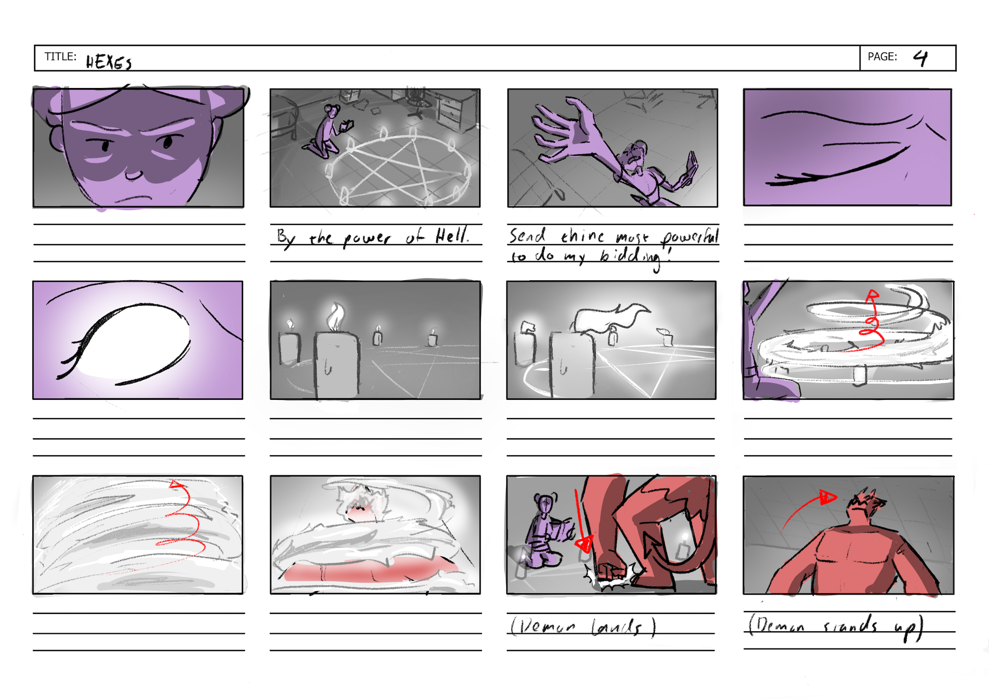 Grid of 12 storyboard frames showing a ritual to summon a demon.