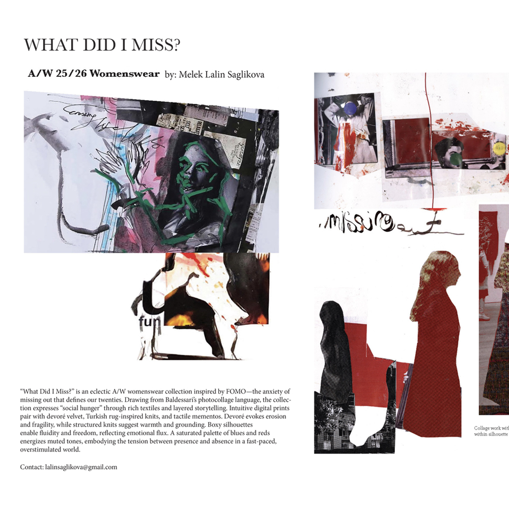Fashion spread with collaged artwork featuring green and pink tones, black silhouettes, and fragmented images on white background.