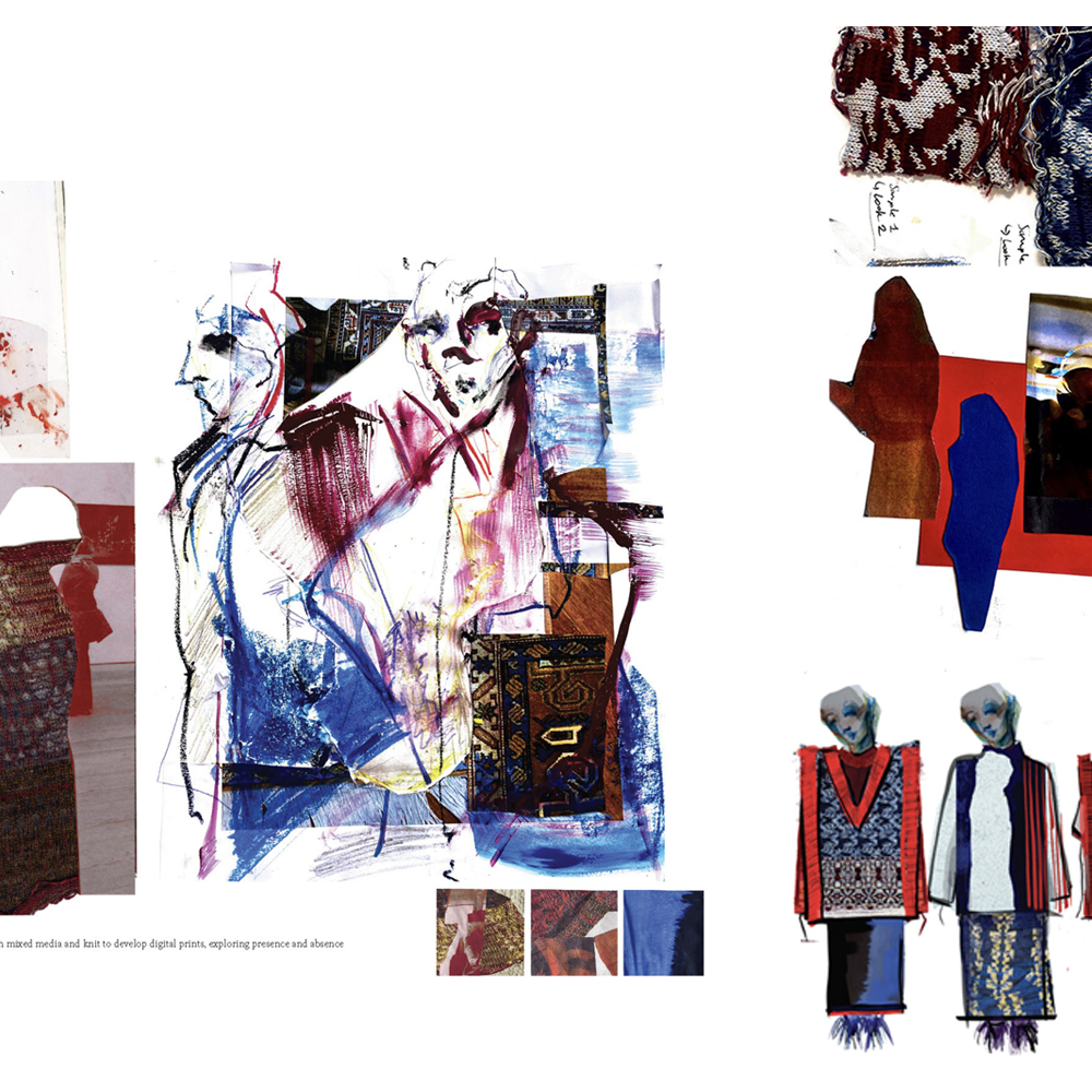 Mixed media collage with sketched figures, fabric samples, and colour blocks in blue, red, brown, and white on white background.