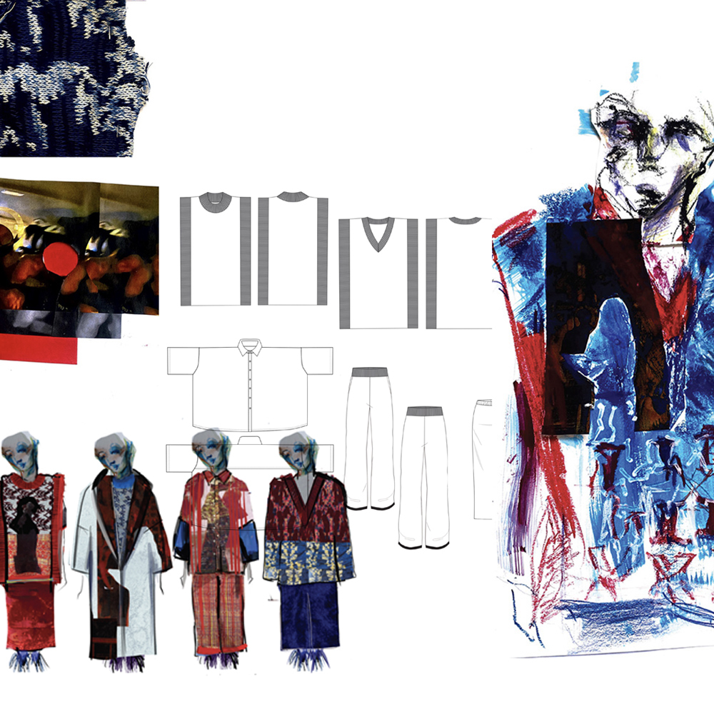 Fashion design mood board with clothing sketches, fabric samples, and figure illustrations in blue, red, and grey tones on white background.