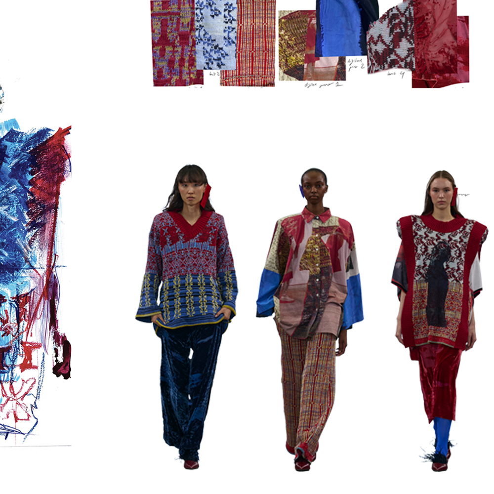 Three models wearing patterned garments in red, blue, and earth tones. Fabric swatches displayed above in similar colours, white background.